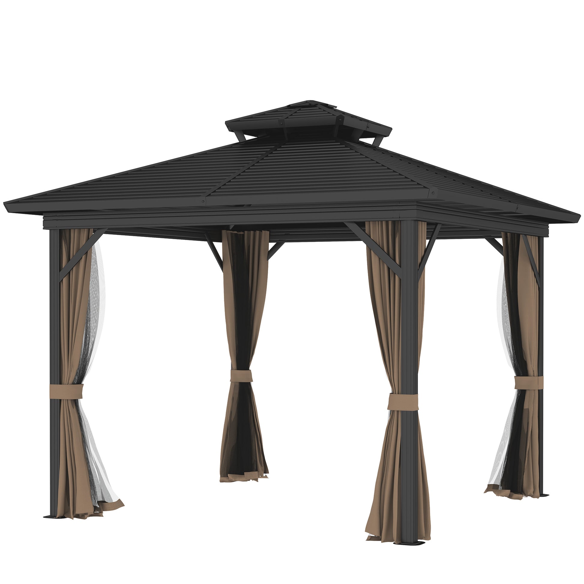 Aosom 10' x 10' Hardtop Gazebo - Dark Brown Double Tier-DECOROLALA