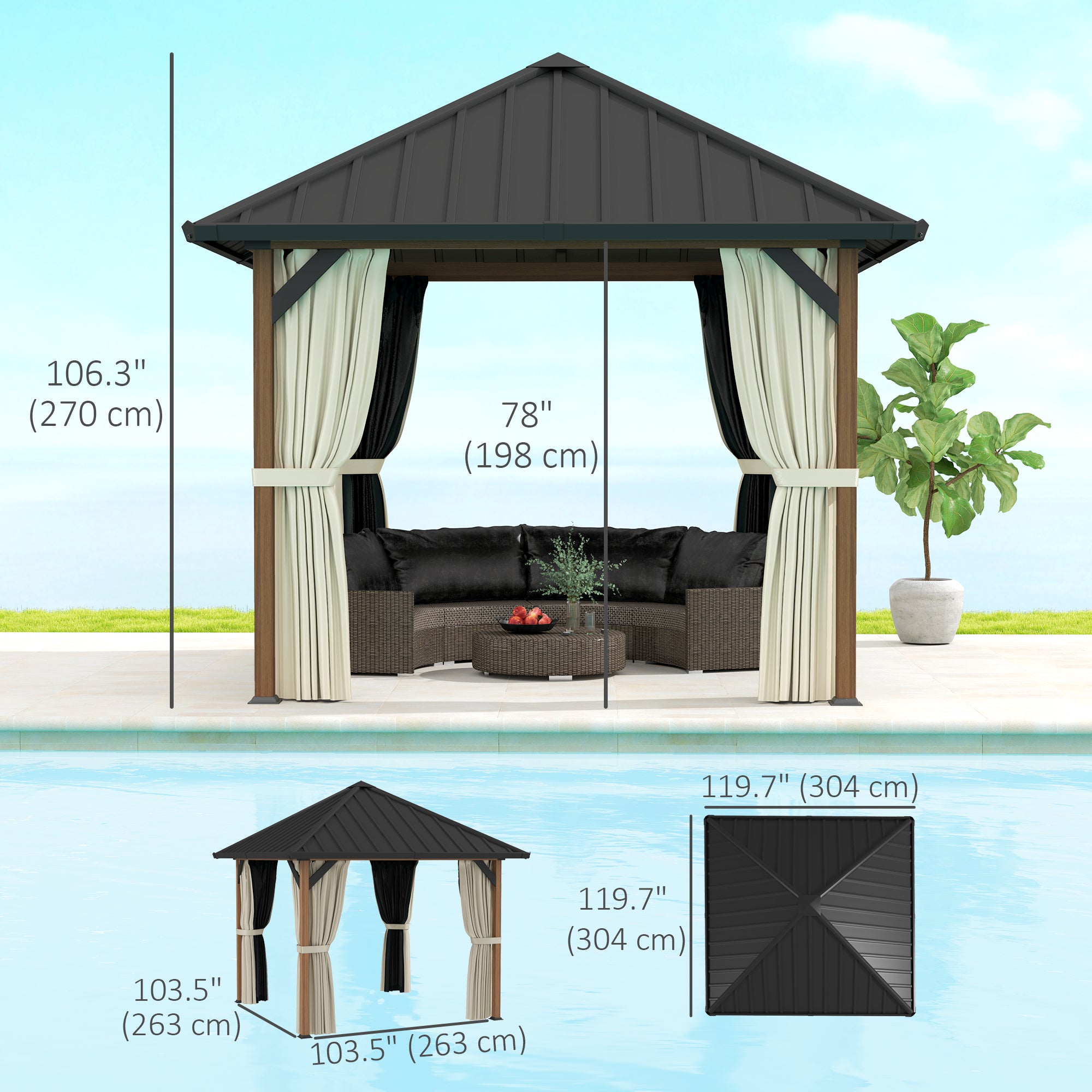 Aosom 10' x 10' Hardtop Gazebo - Walnut Wood Grain Steel Roof-DECOROLALA