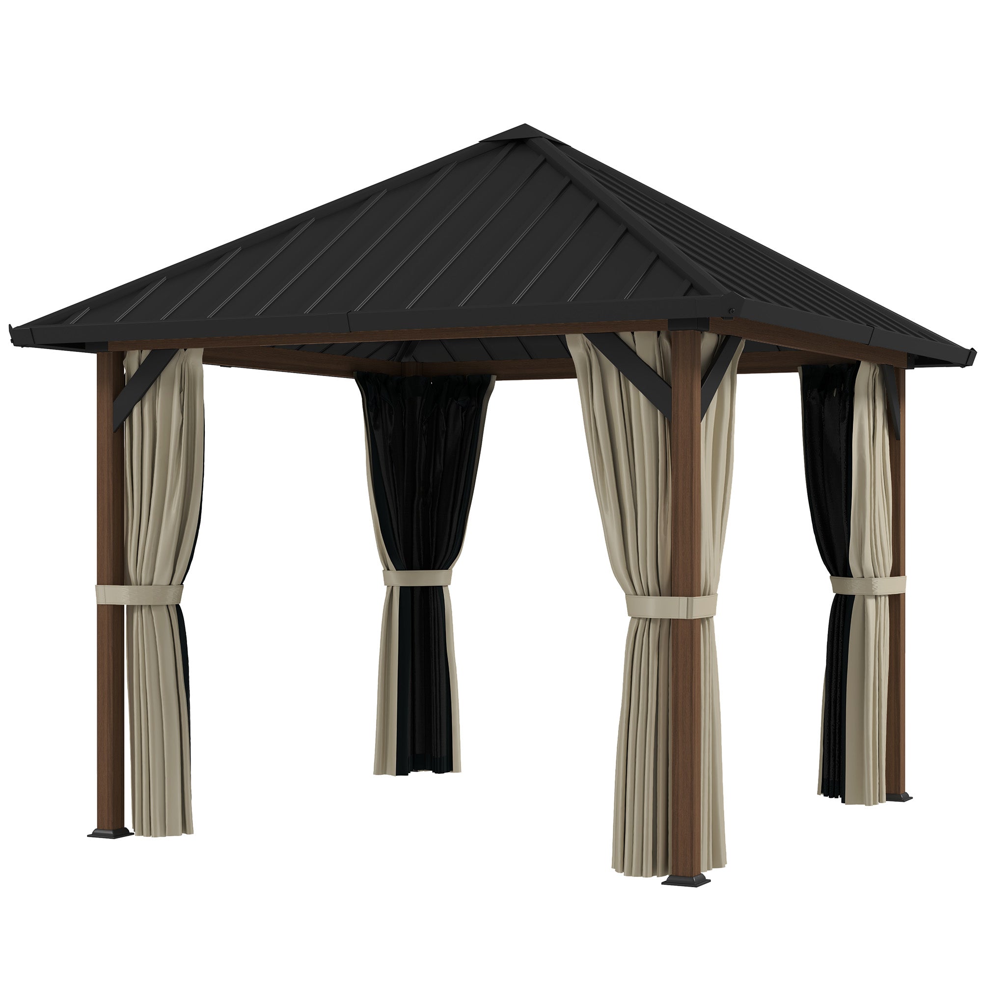 Aosom 10' x 10' Hardtop Gazebo - Walnut Wood Grain Steel Roof-DECOROLALA