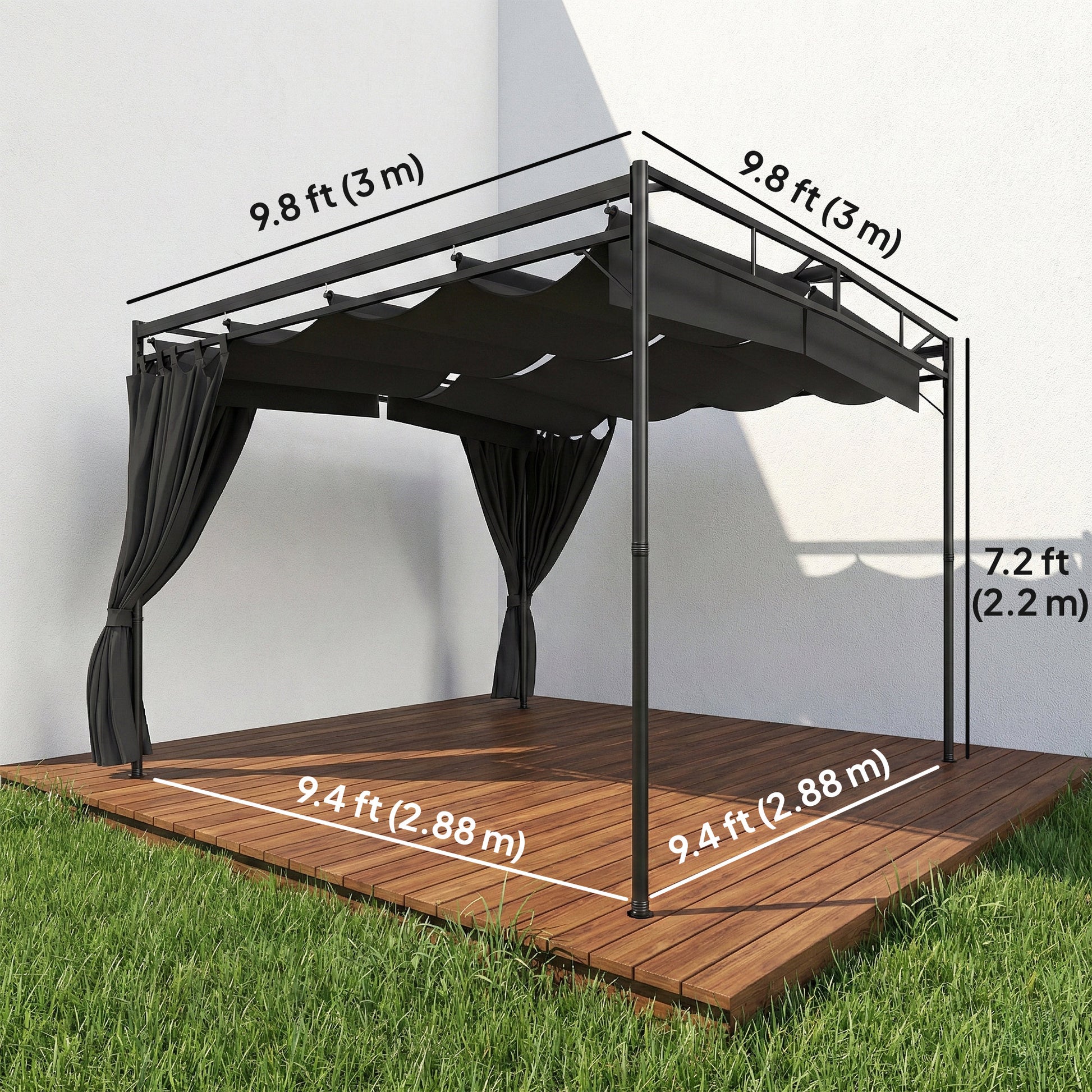 Aosom 10' x 10' Retractable Pergola with Curtains - Dark Grey-DECOROLALA