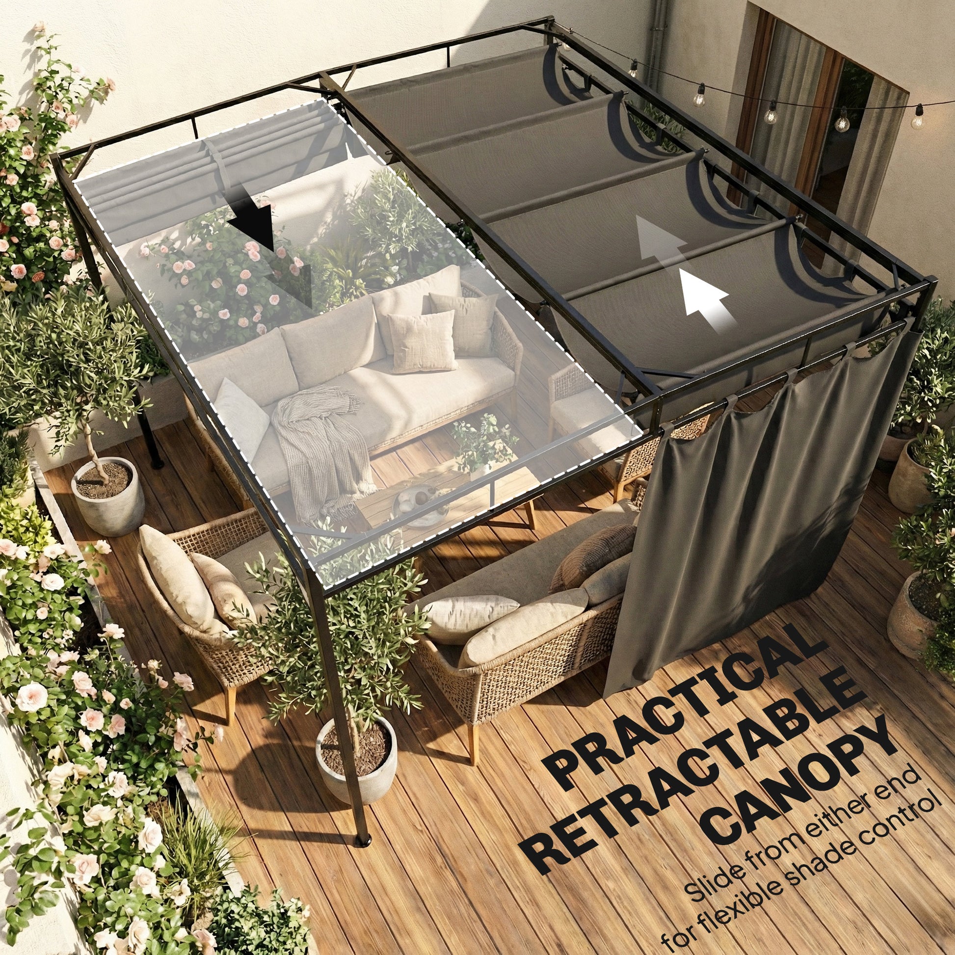 Aosom 10' x 10' Retractable Pergola with Curtains - Dark Grey-DECOROLALA