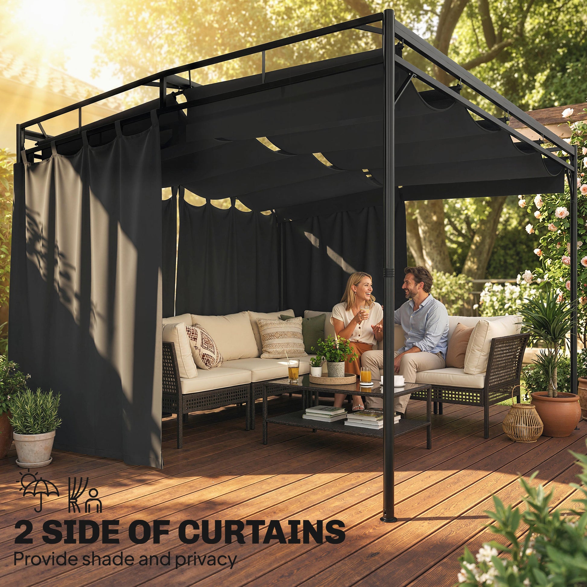 Aosom 10' x 10' Retractable Pergola with Curtains - Dark Grey-DECOROLALA