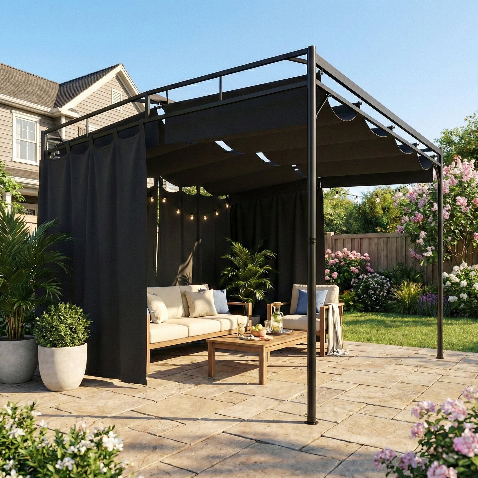 Aosom 10' x 10' Retractable Pergola with Curtains - Dark Grey-DECOROLALA
