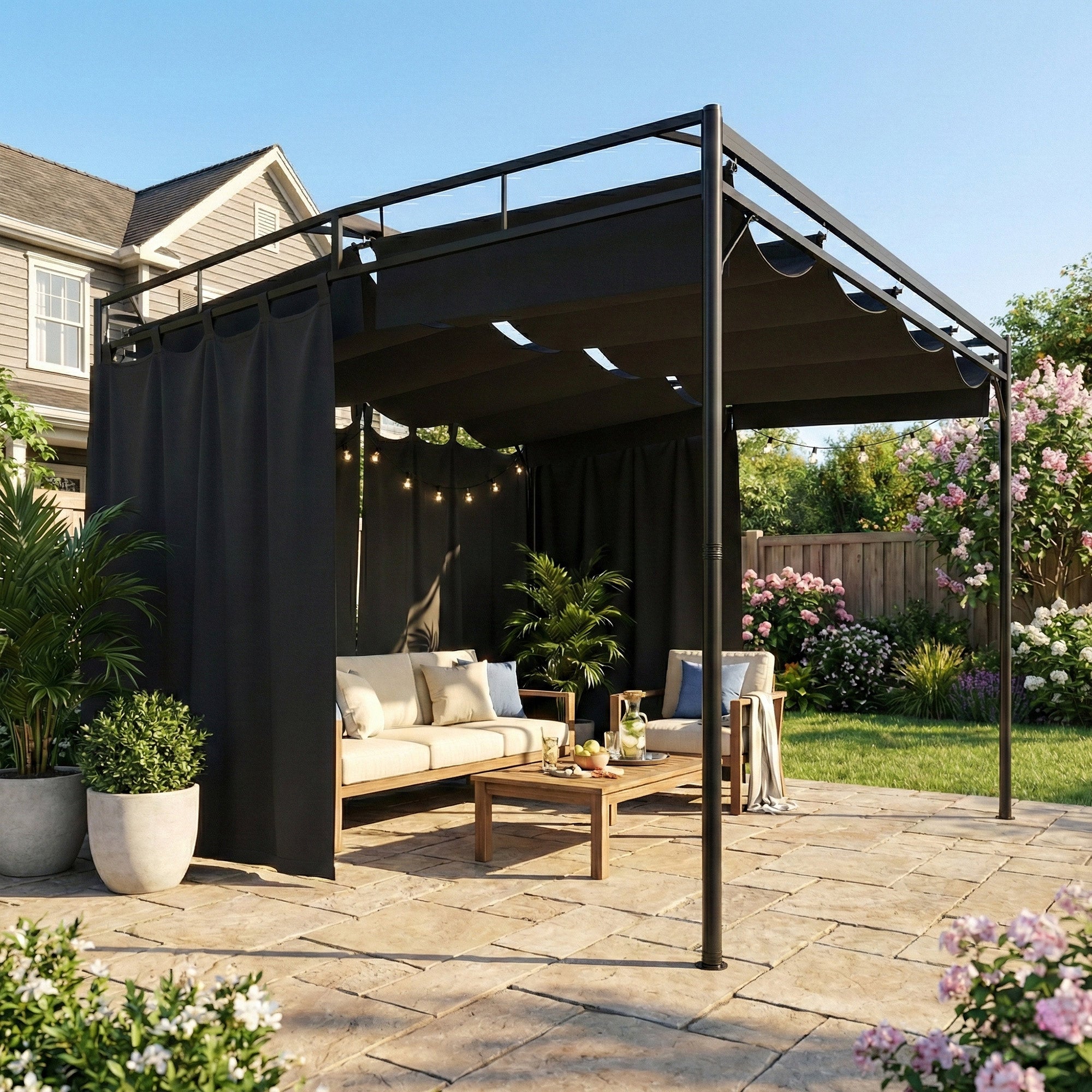 Aosom 10' x 10' Retractable Pergola with Curtains - Dark Grey-DECOROLALA