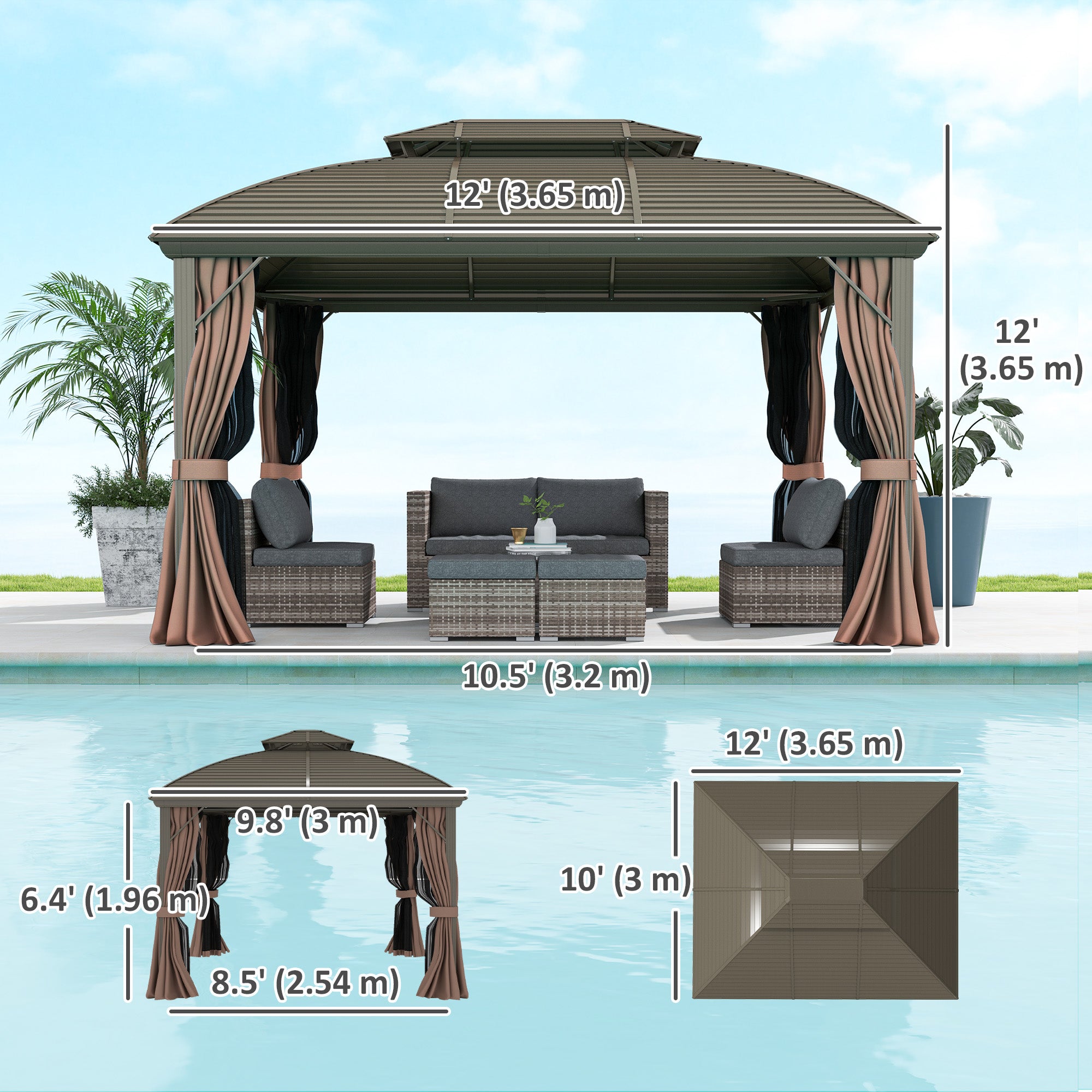 Aosom 10' x 12' Hardtop Gazebo with Double Roof and Netting - Coffee-DECOROLALA