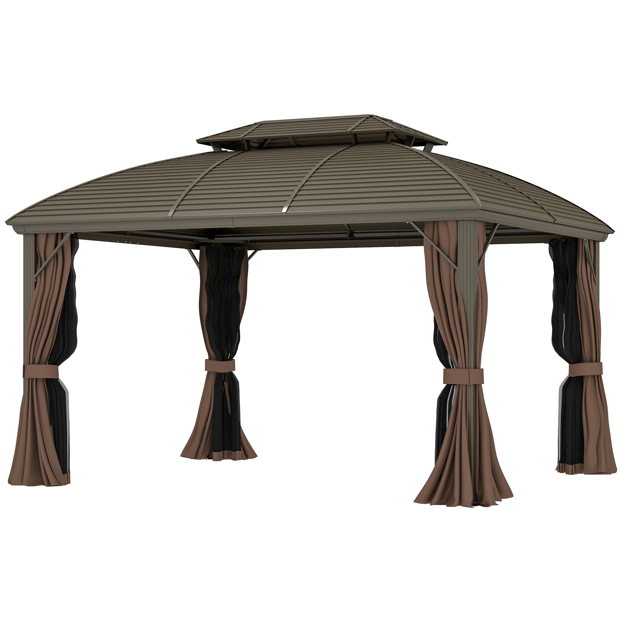 Aosom 10' x 12' Hardtop Gazebo with Double Roof and Netting - Coffee-DECOROLALA