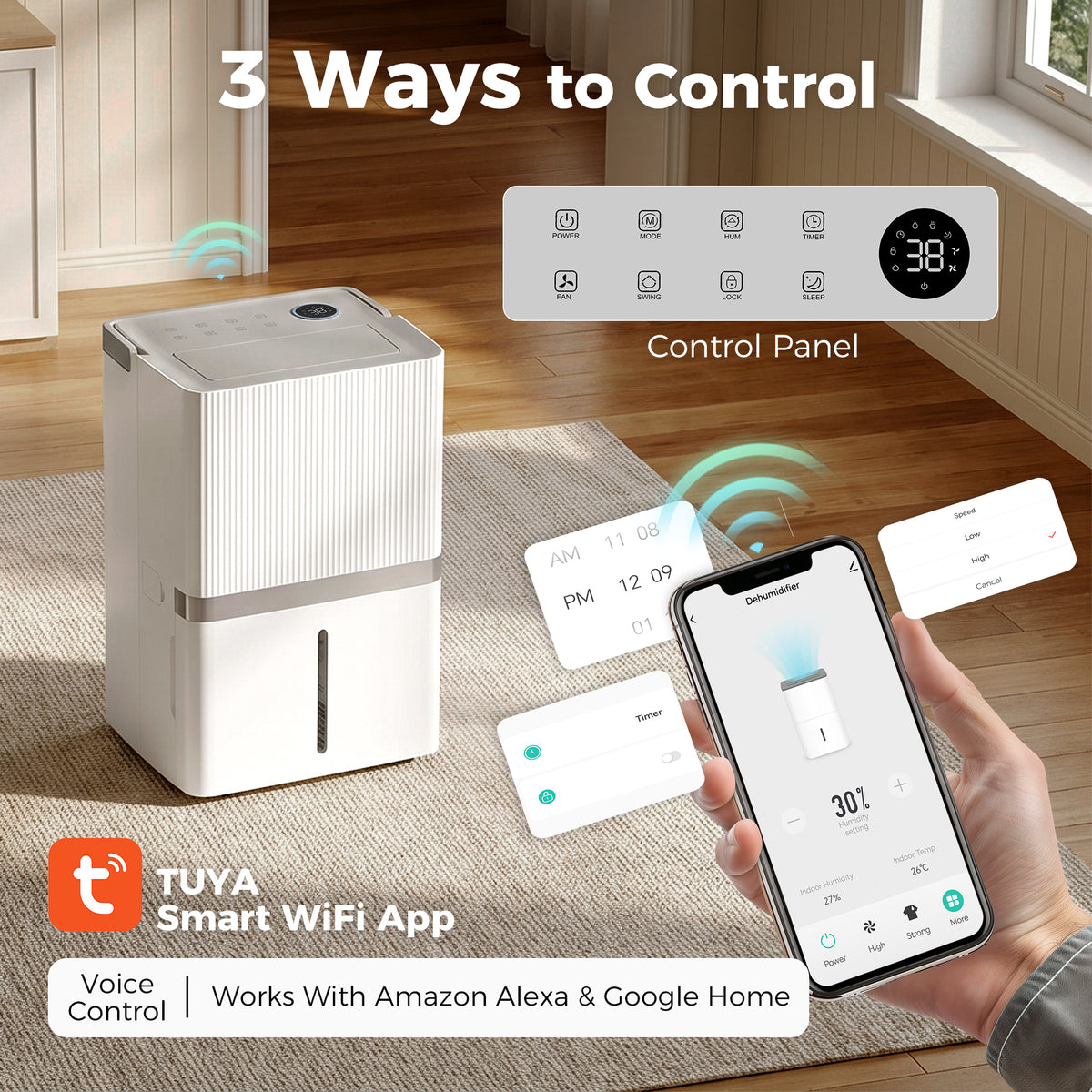 Aosom 100 Pint Smart Dehumidifier - 5,200 Sq. Ft. WiFi White-Home Dehumidifiers-DECOROLALA
