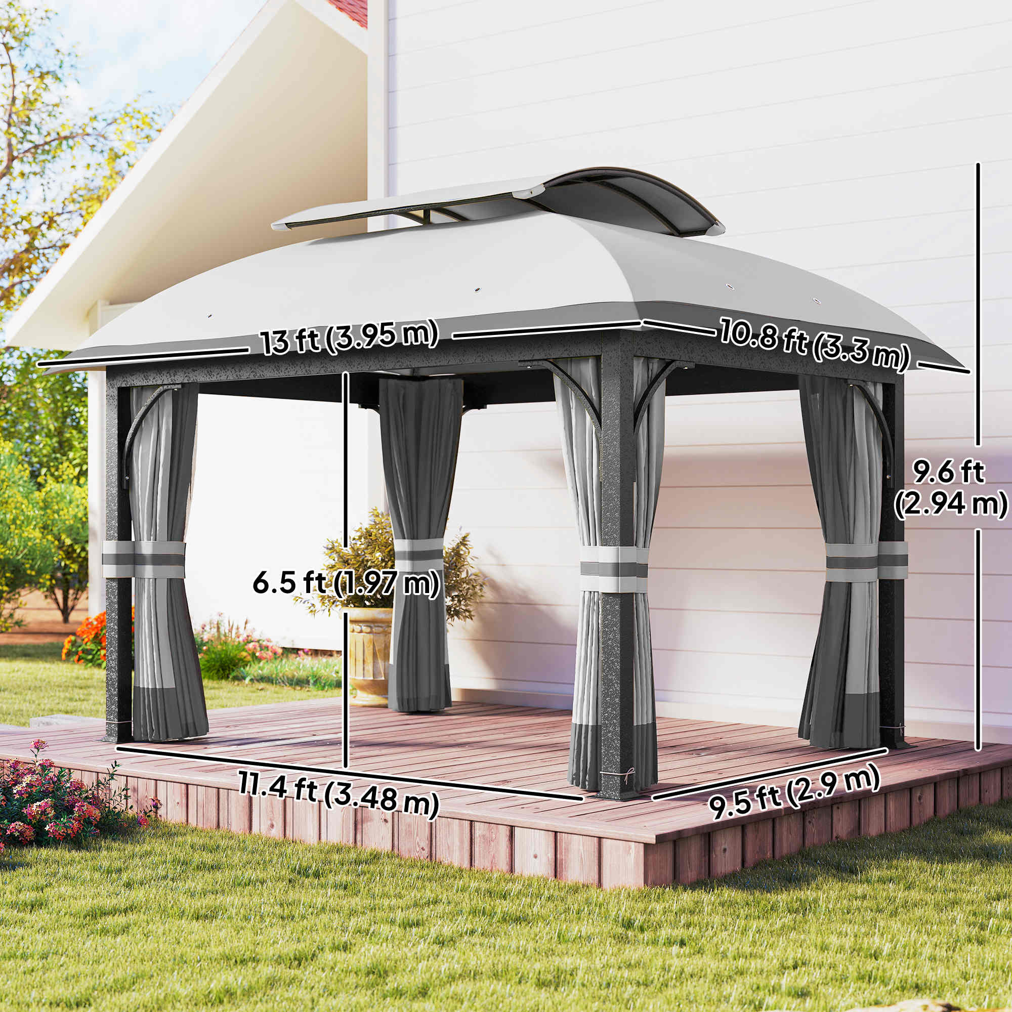 Aosom 11' x 13' Patio Gazebo - Double Roof Metal Canopy Light Grey-DECOROLALA