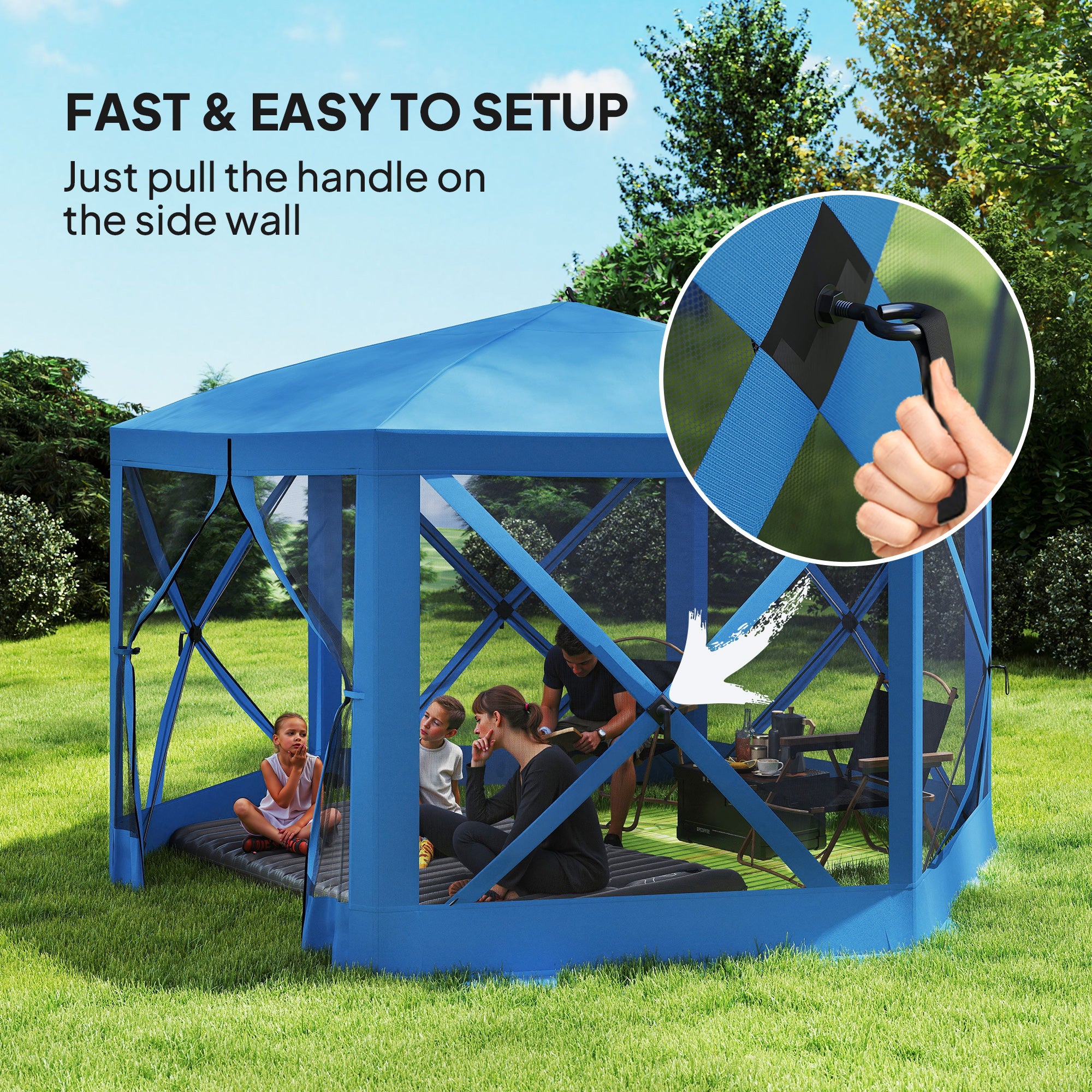 Aosom 12' x 12' Hexagon Pop Up Screen Tent - Blue 6-8 Person-DECOROLALA