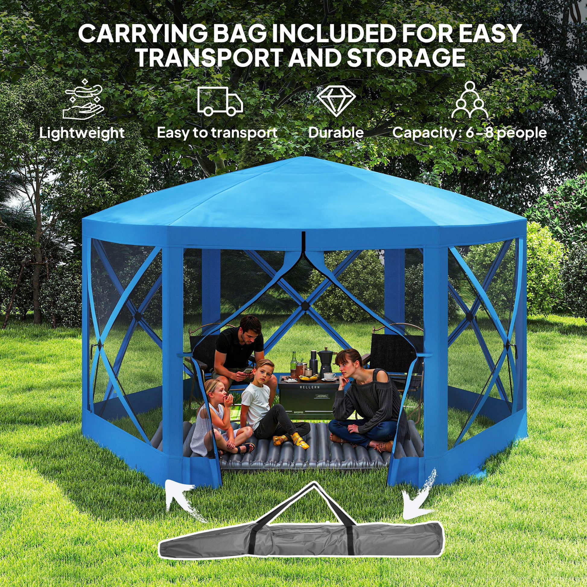 Aosom 12' x 12' Hexagon Pop Up Screen Tent - Blue 6-8 Person-DECOROLALA