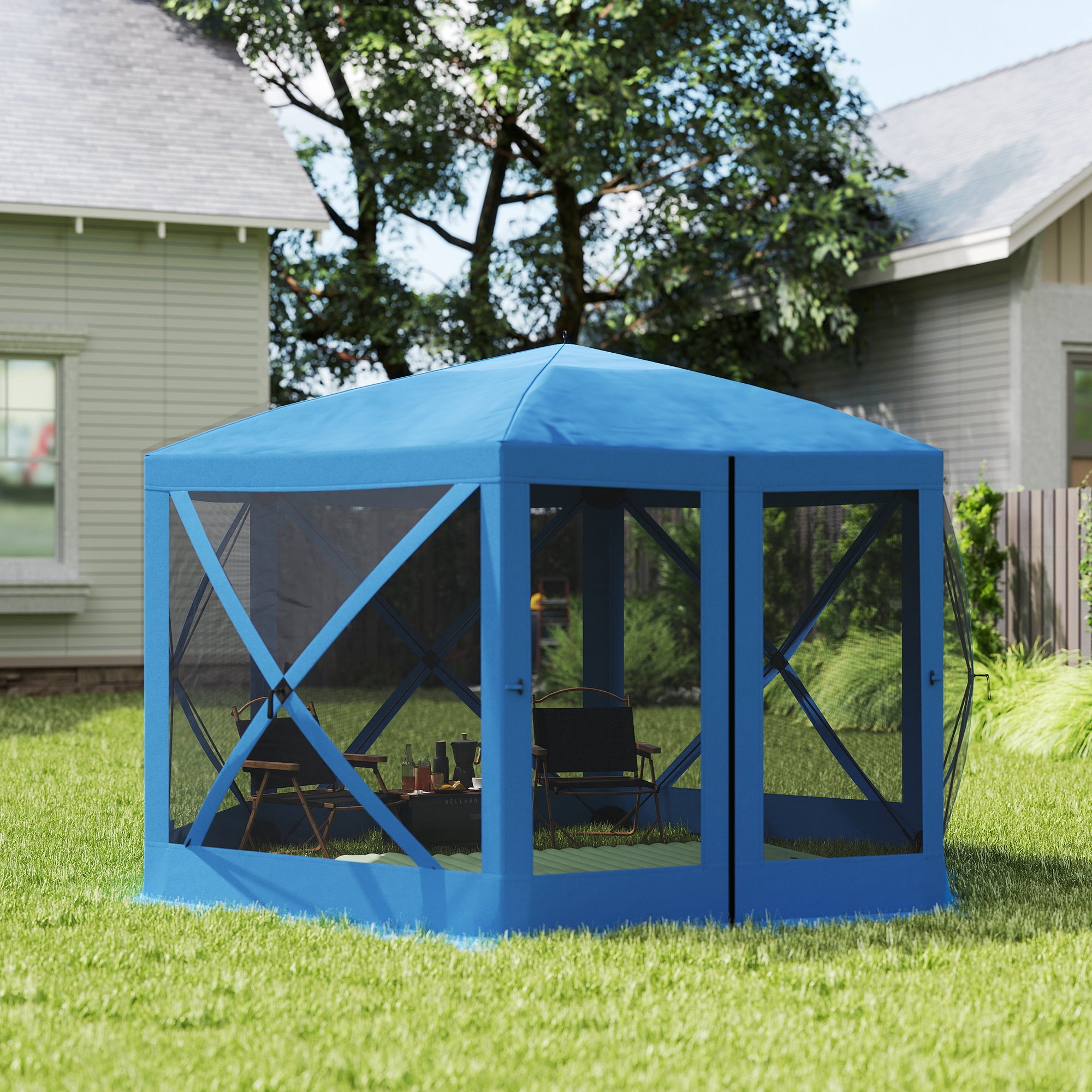 Aosom 12' x 12' Hexagon Pop Up Screen Tent - Blue 6-8 Person-DECOROLALA