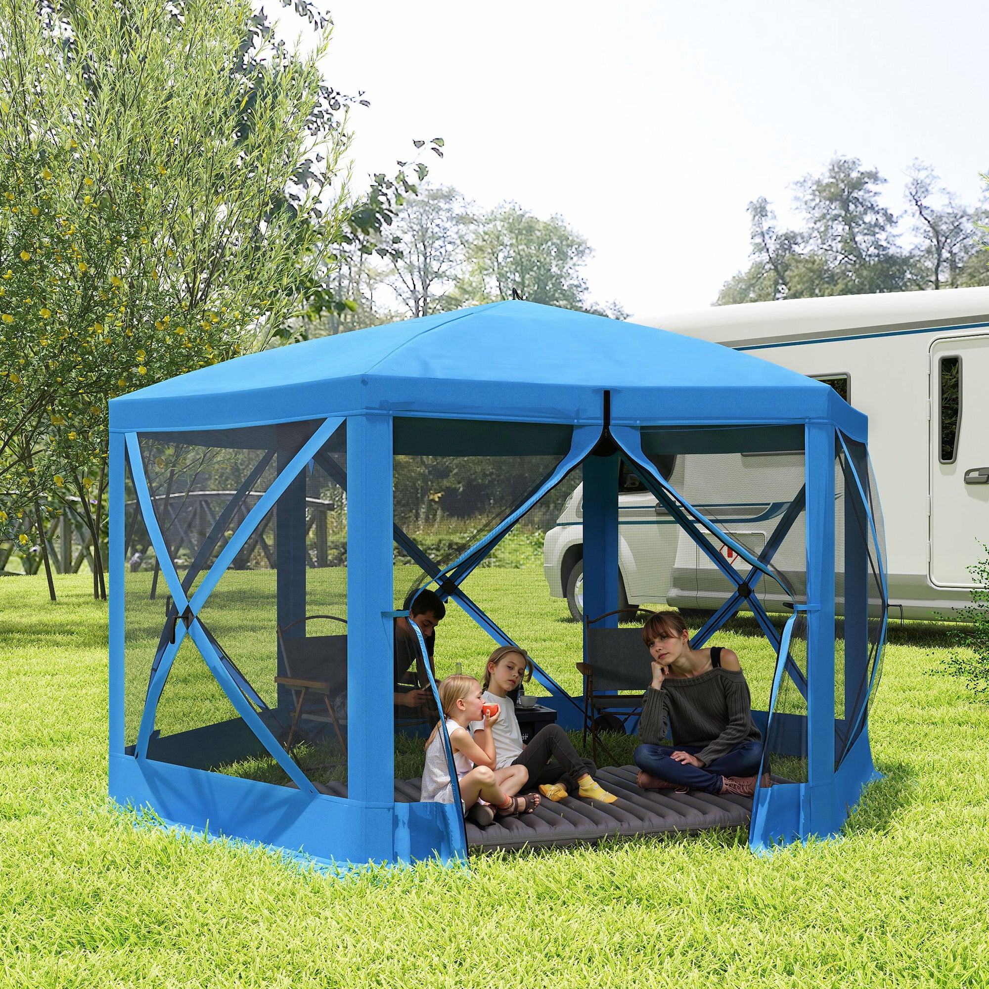 Aosom 12' x 12' Hexagon Pop Up Screen Tent - Blue 6-8 Person-DECOROLALA