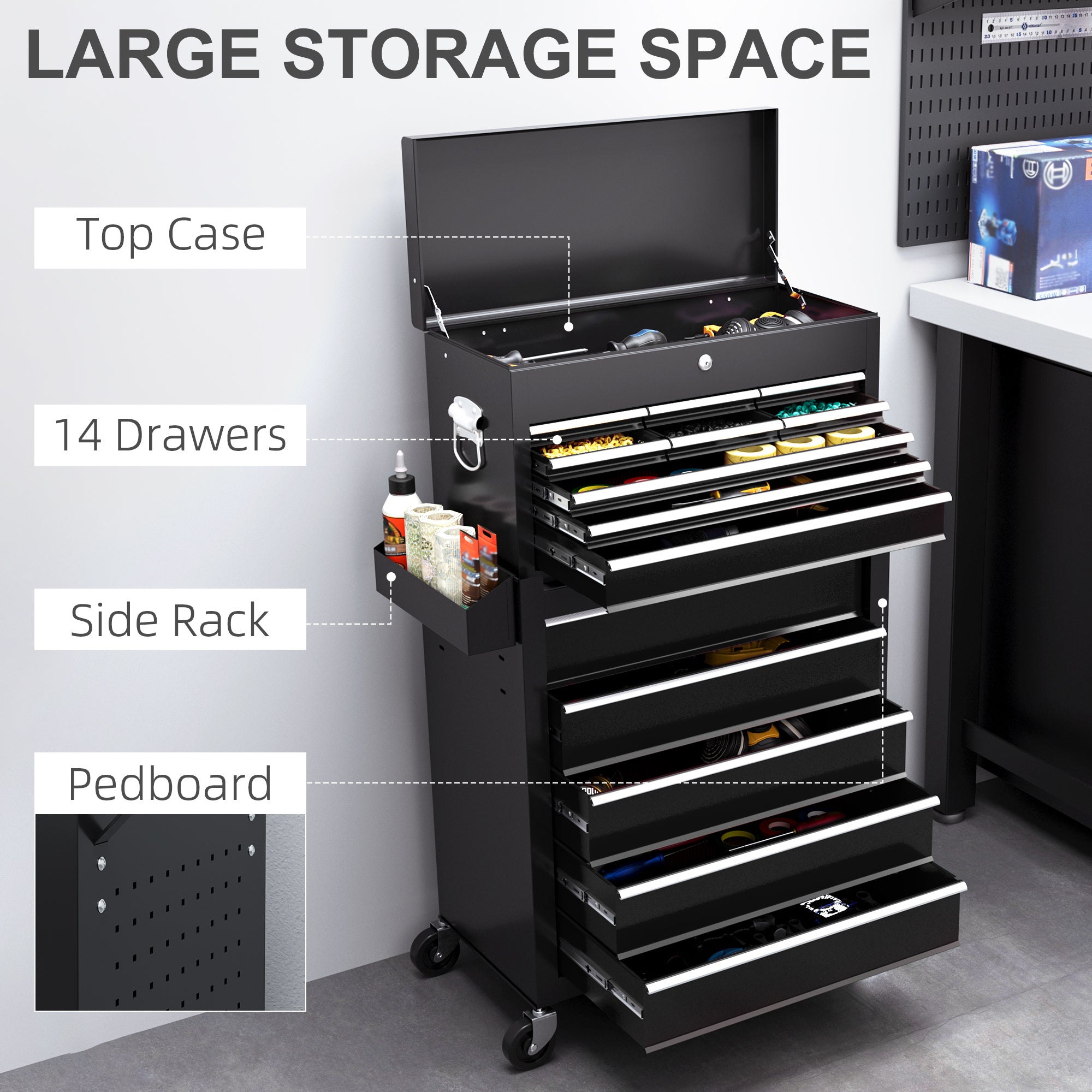 Aosom 14 Drawer Rolling Tool Chest - Lockable Steel Storage Black-Home Improvement > Tools > Tool Organizers-DECOROLALA