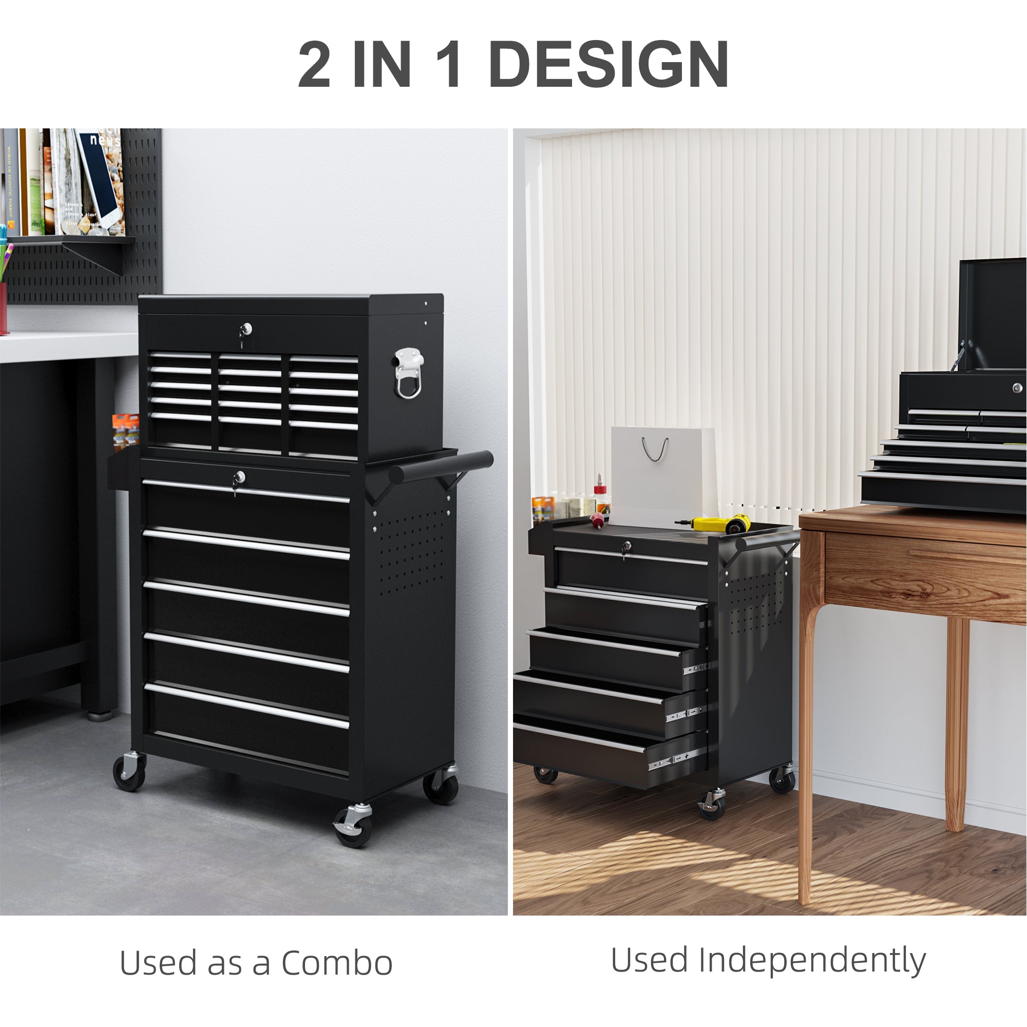 Aosom 14 Drawer Rolling Tool Chest - Lockable Steel Storage Black-Home Improvement > Tools > Tool Organizers-DECOROLALA