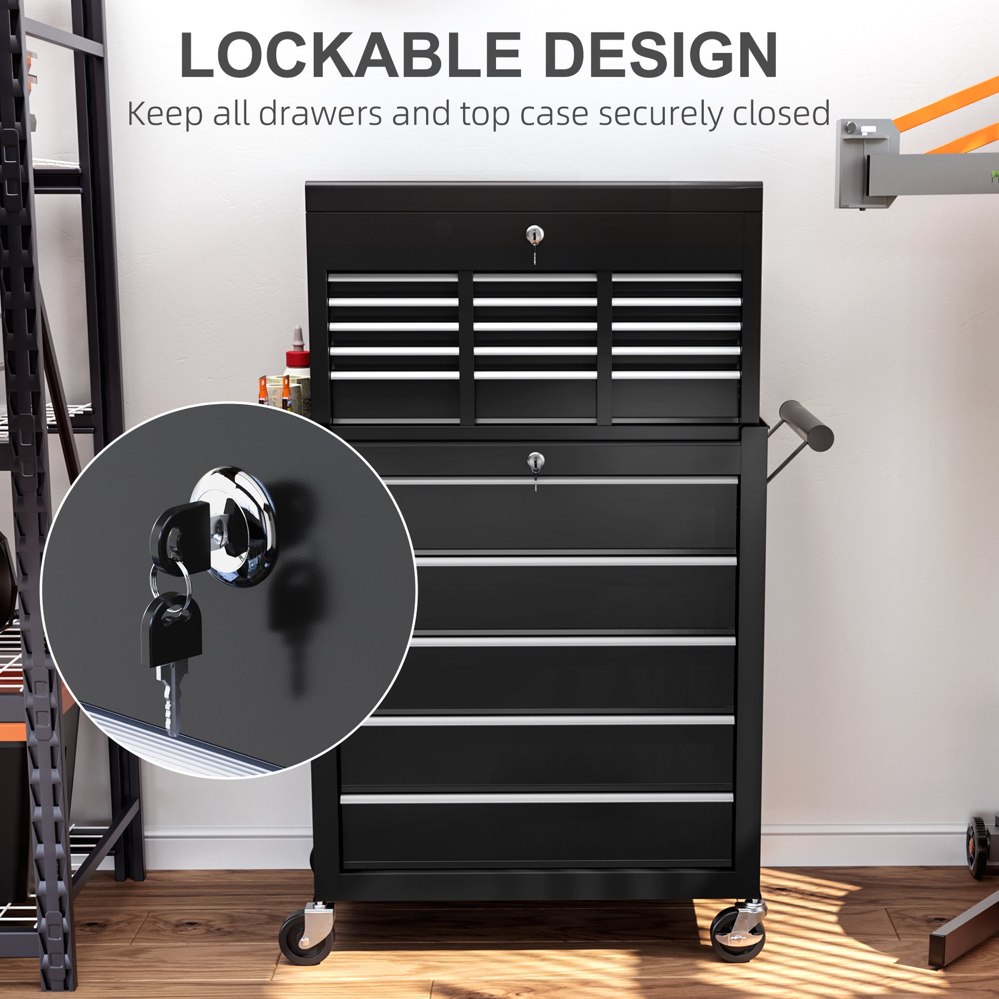 Aosom 14 Drawer Rolling Tool Chest - Lockable Steel Storage Black-Home Improvement > Tools > Tool Organizers-DECOROLALA