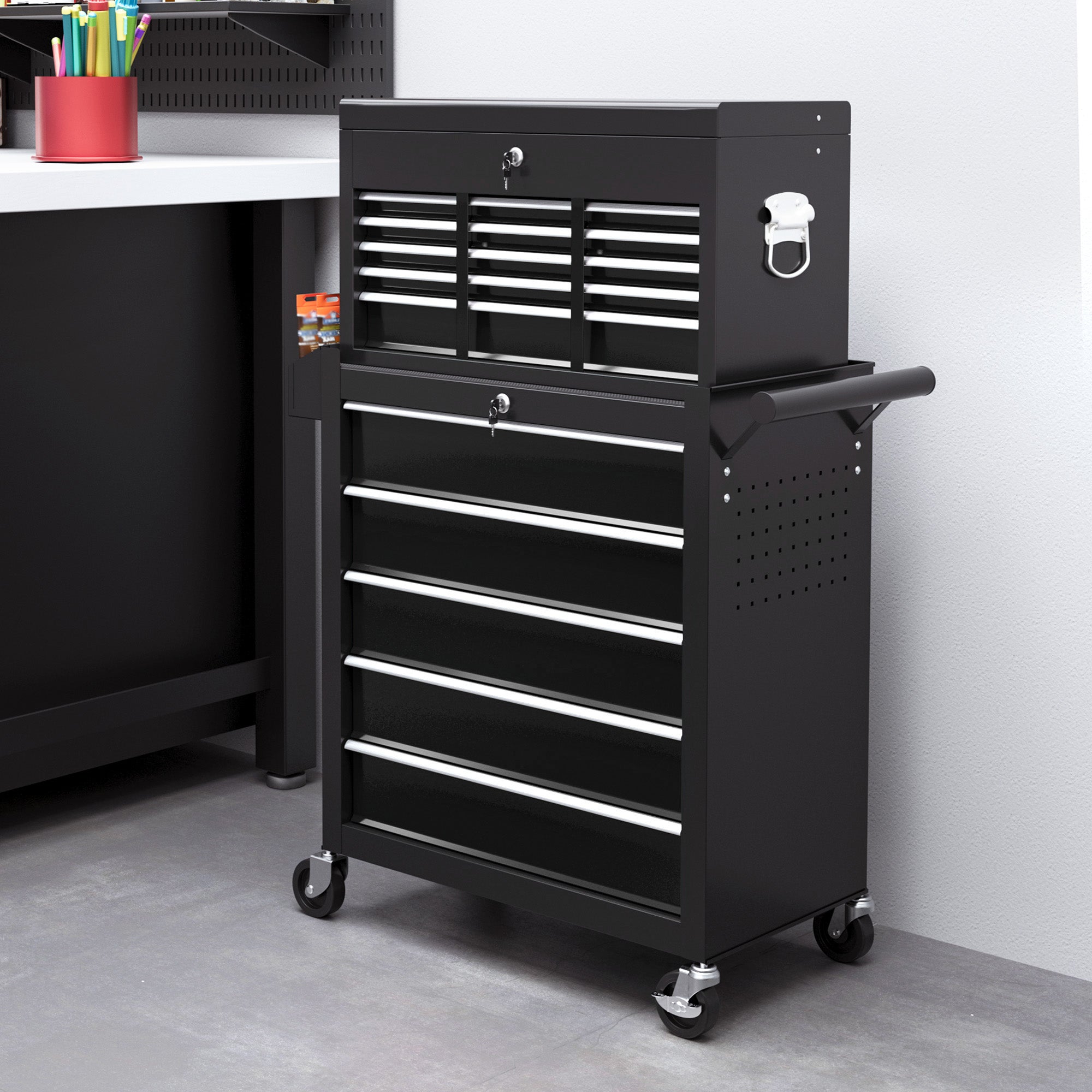 Aosom 14 Drawer Rolling Tool Chest - Lockable Steel Storage Black-Home Improvement > Tools > Tool Organizers-DECOROLALA