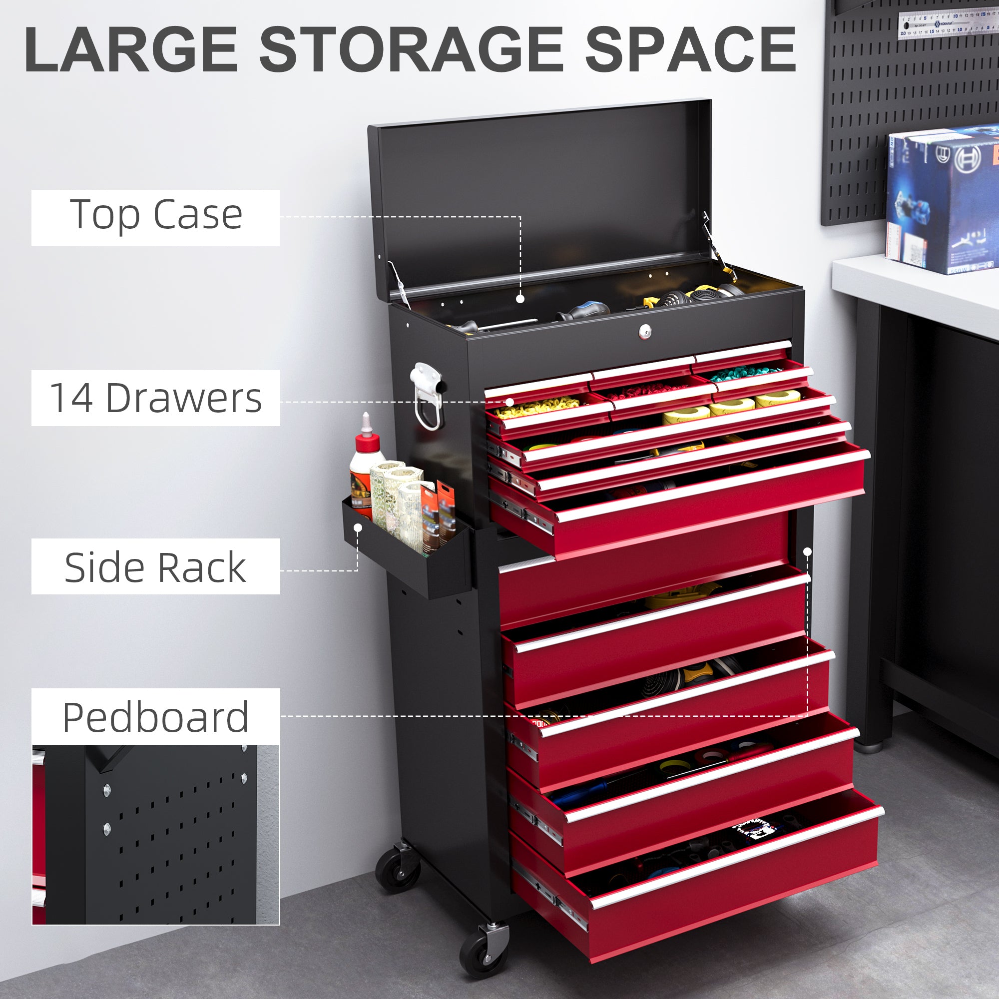 Aosom 14-Drawer Rolling Tool Chest with Detachable Top Box - Red-Home Improvement > Tools > Tool Organizers-DECOROLALA