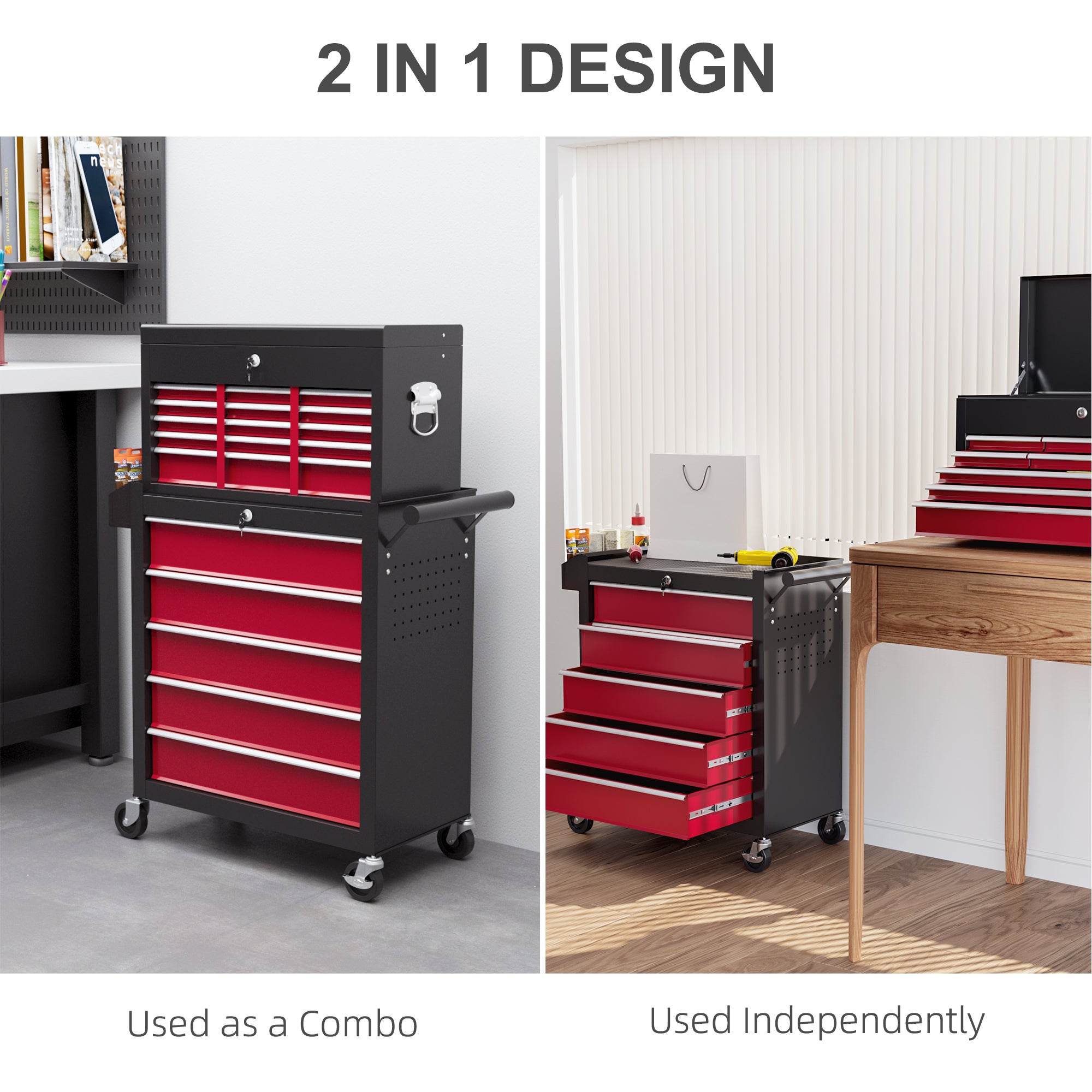 Aosom 14-Drawer Rolling Tool Chest with Detachable Top Box - Red-Home Improvement > Tools > Tool Organizers-DECOROLALA