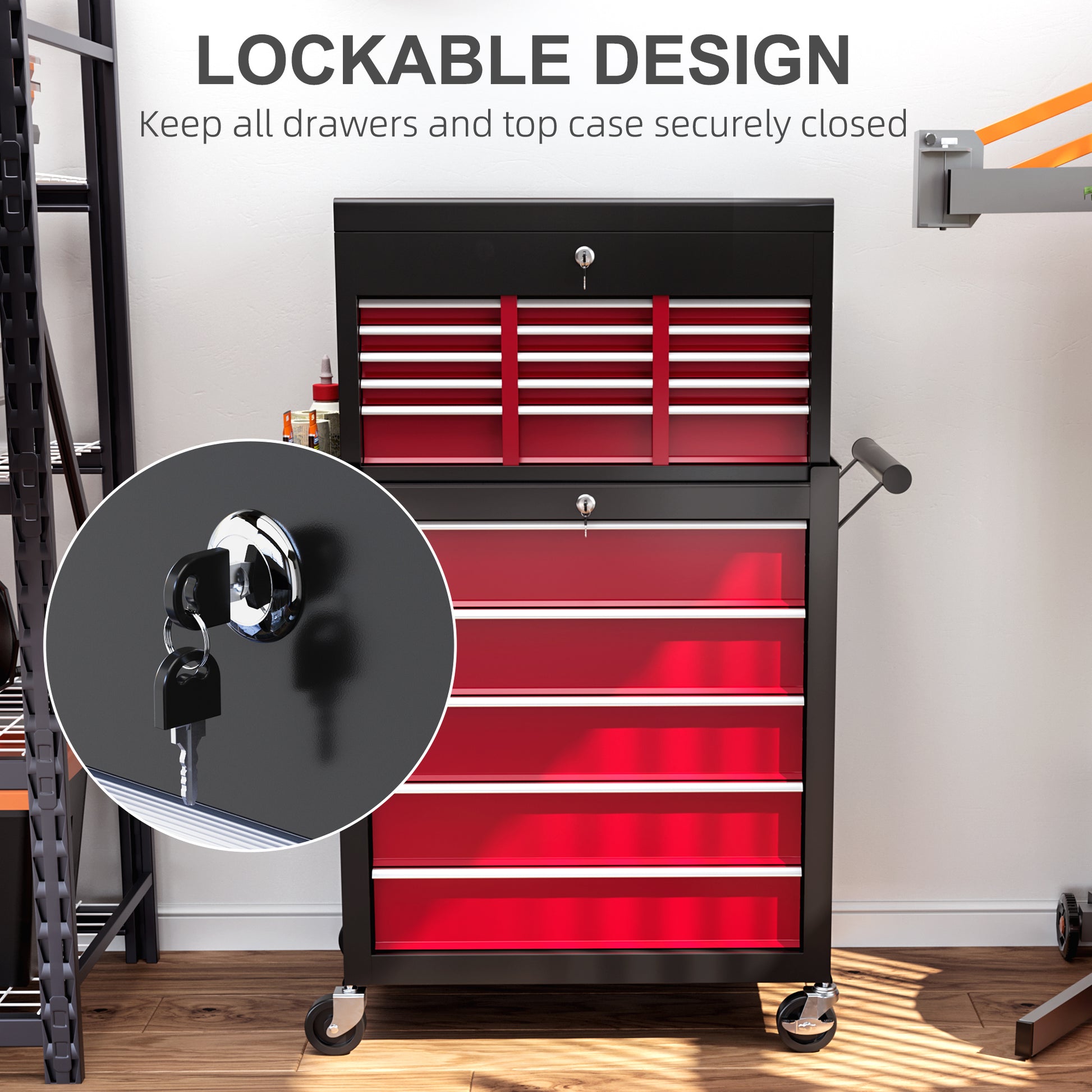 Aosom 14-Drawer Rolling Tool Chest with Detachable Top Box - Red-Home Improvement > Tools > Tool Organizers-DECOROLALA