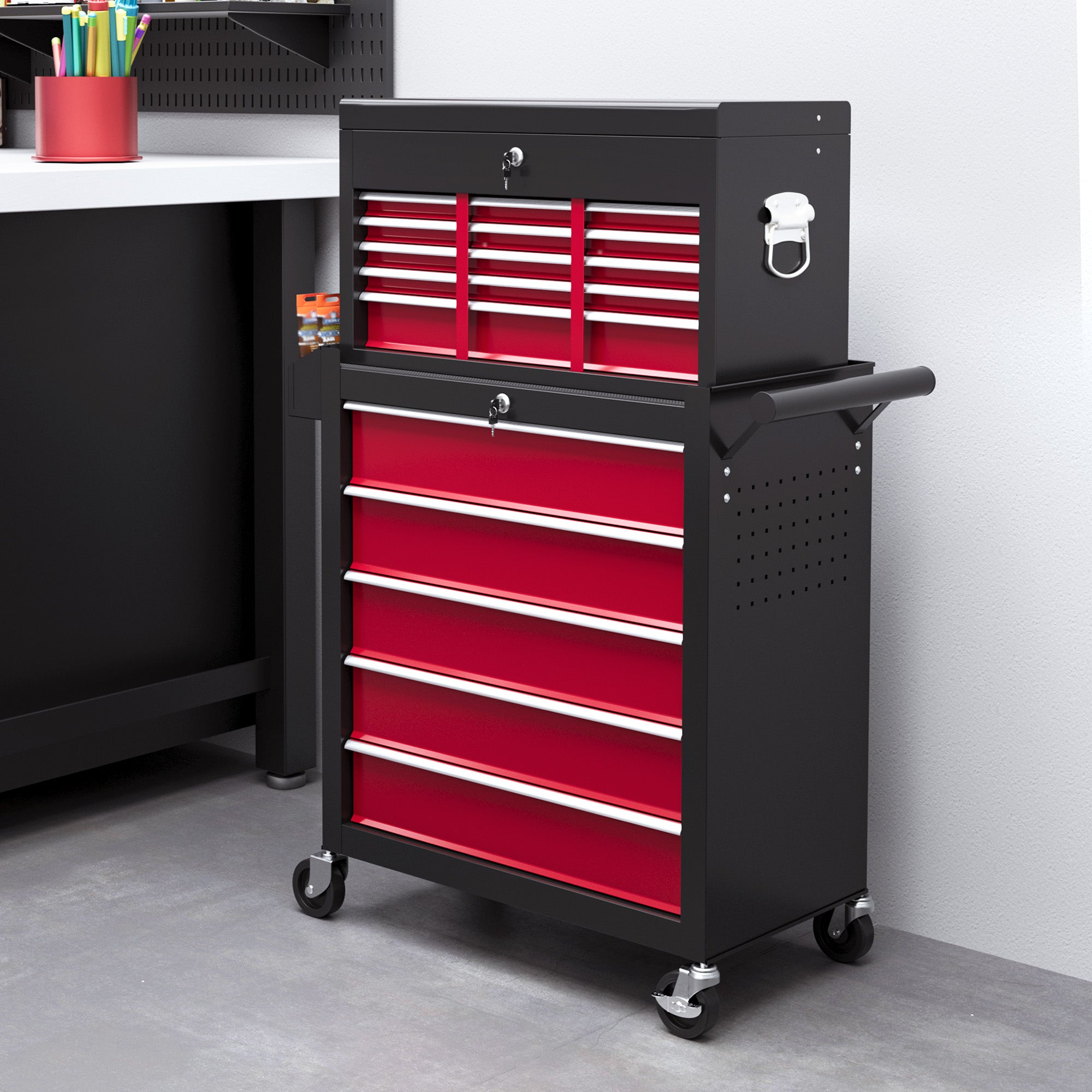 Aosom 14-Drawer Rolling Tool Chest with Detachable Top Box - Red-Home Improvement > Tools > Tool Organizers-DECOROLALA