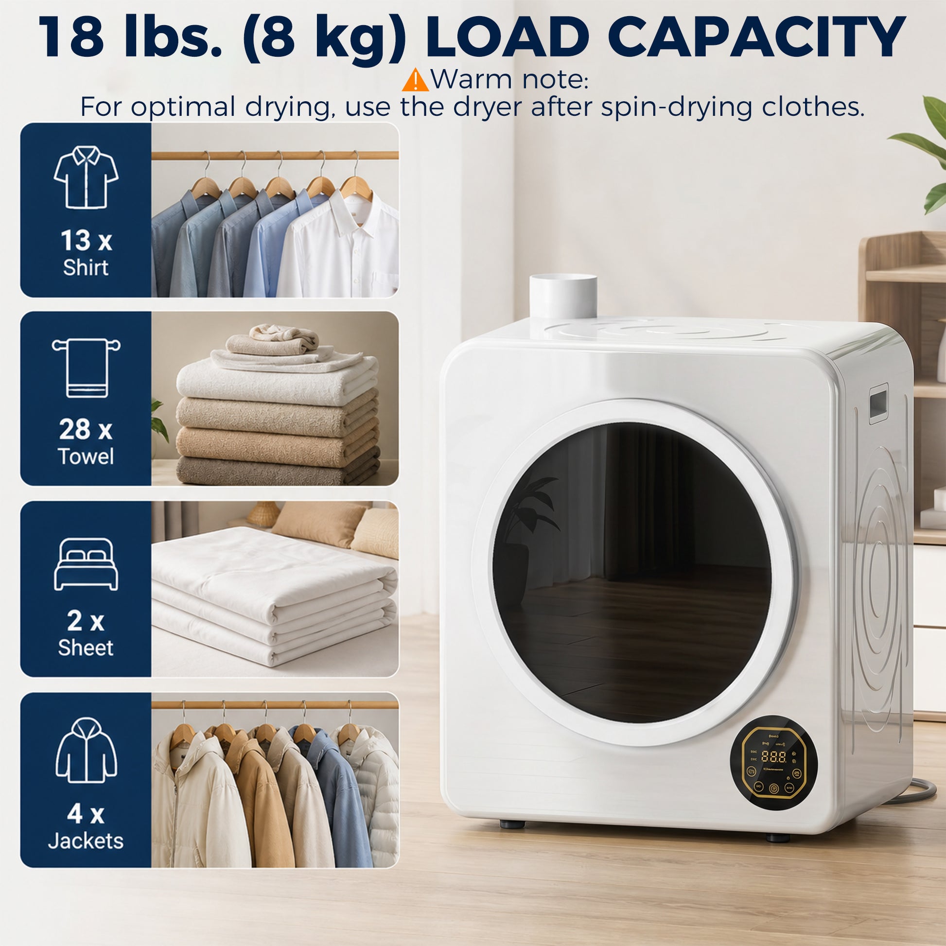 Aosom 18 lbs Clothes Dryer with Stainless Steel Tub - White-Dryer Machines-DECOROLALA
