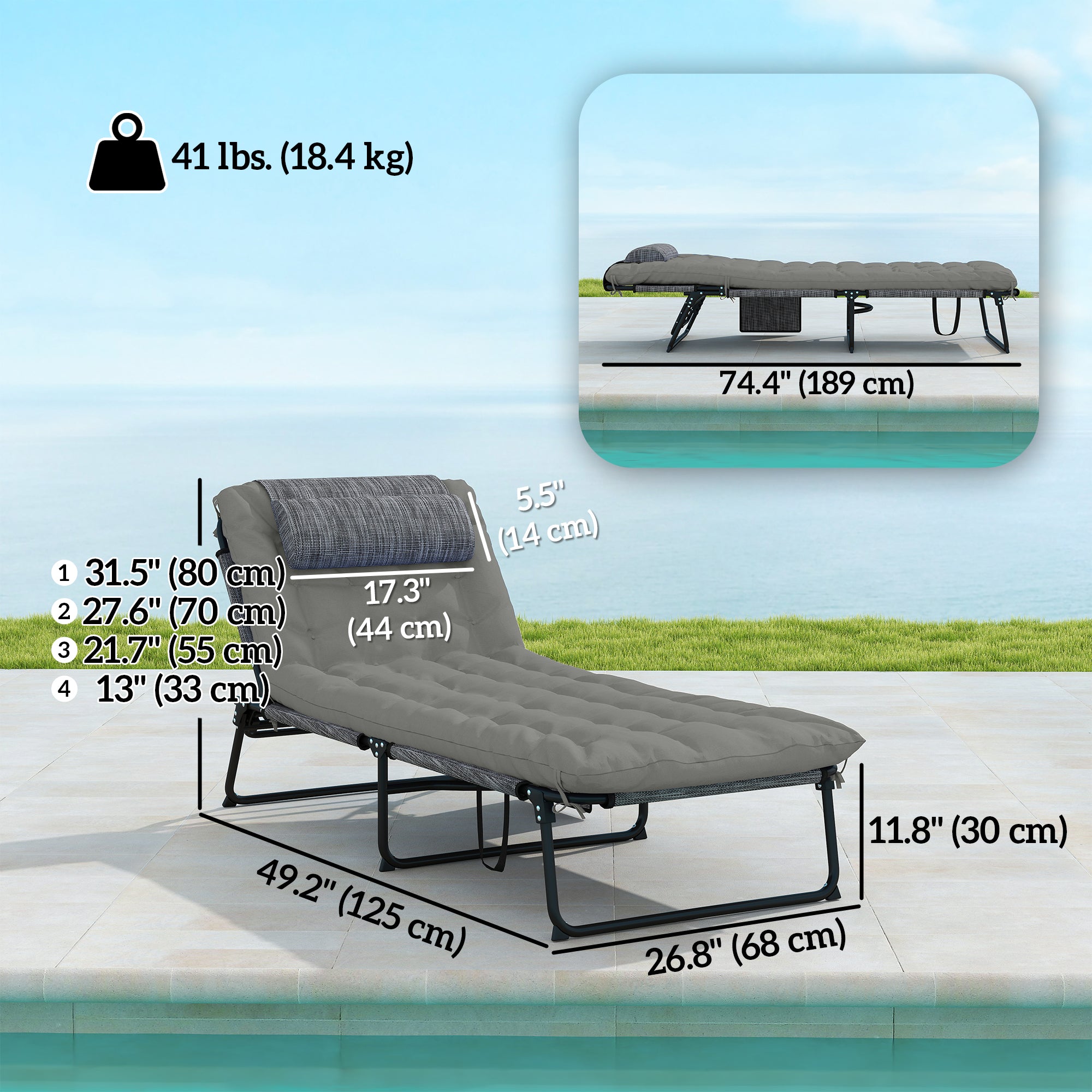 Aosom 2-Piece Folding Lounge Chairs Grey Adjustable Backrest Recline Cushion Headrest-DECOROLALA