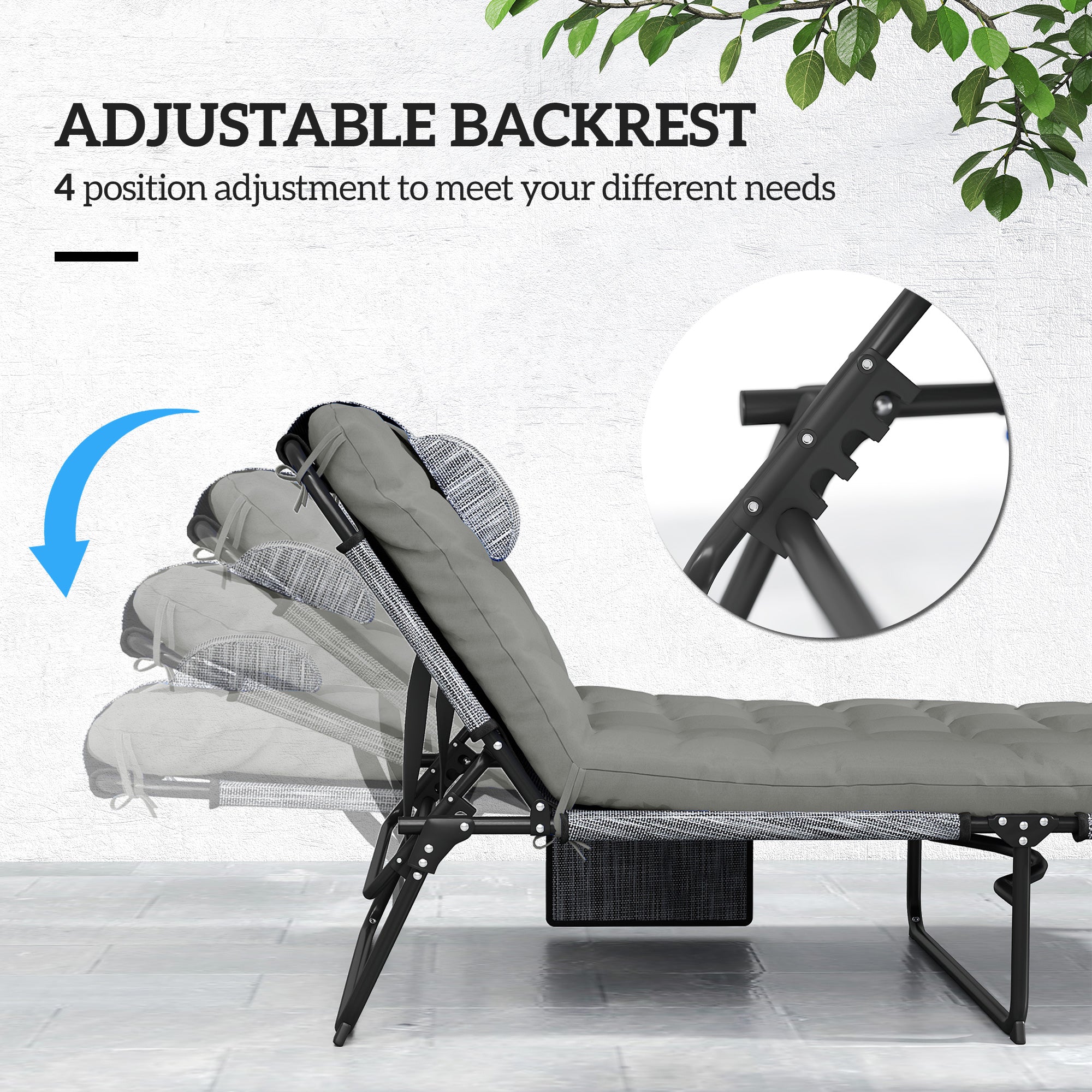 Aosom 2-Piece Folding Lounge Chairs Grey Adjustable Backrest Recline Cushion Headrest-DECOROLALA