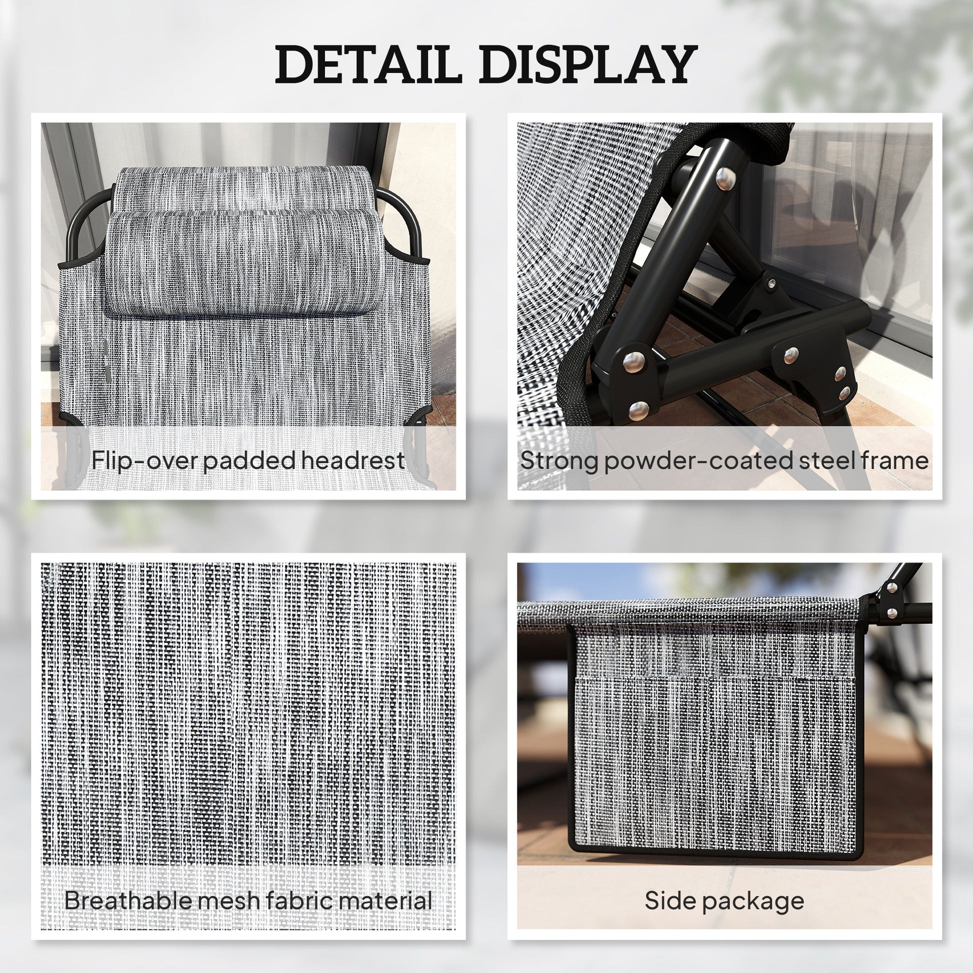 Aosom 2-Piece Folding Lounge Chairs Grey Adjustable Backrest Recline Cushion Headrest-DECOROLALA