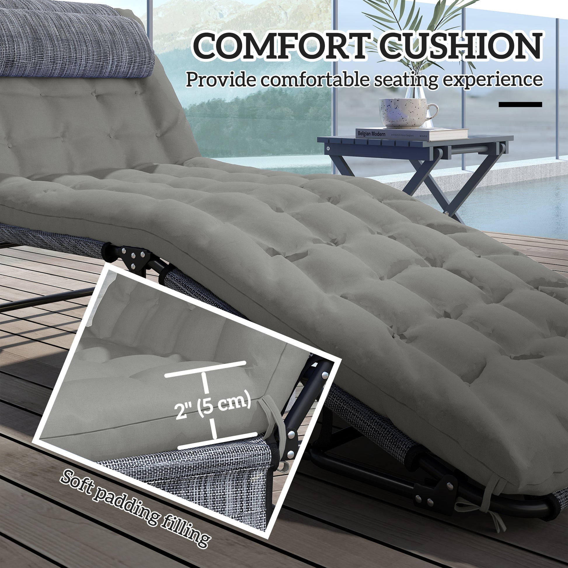 Aosom 2-Piece Folding Lounge Chairs Grey Adjustable Backrest Recline Cushion Headrest-DECOROLALA