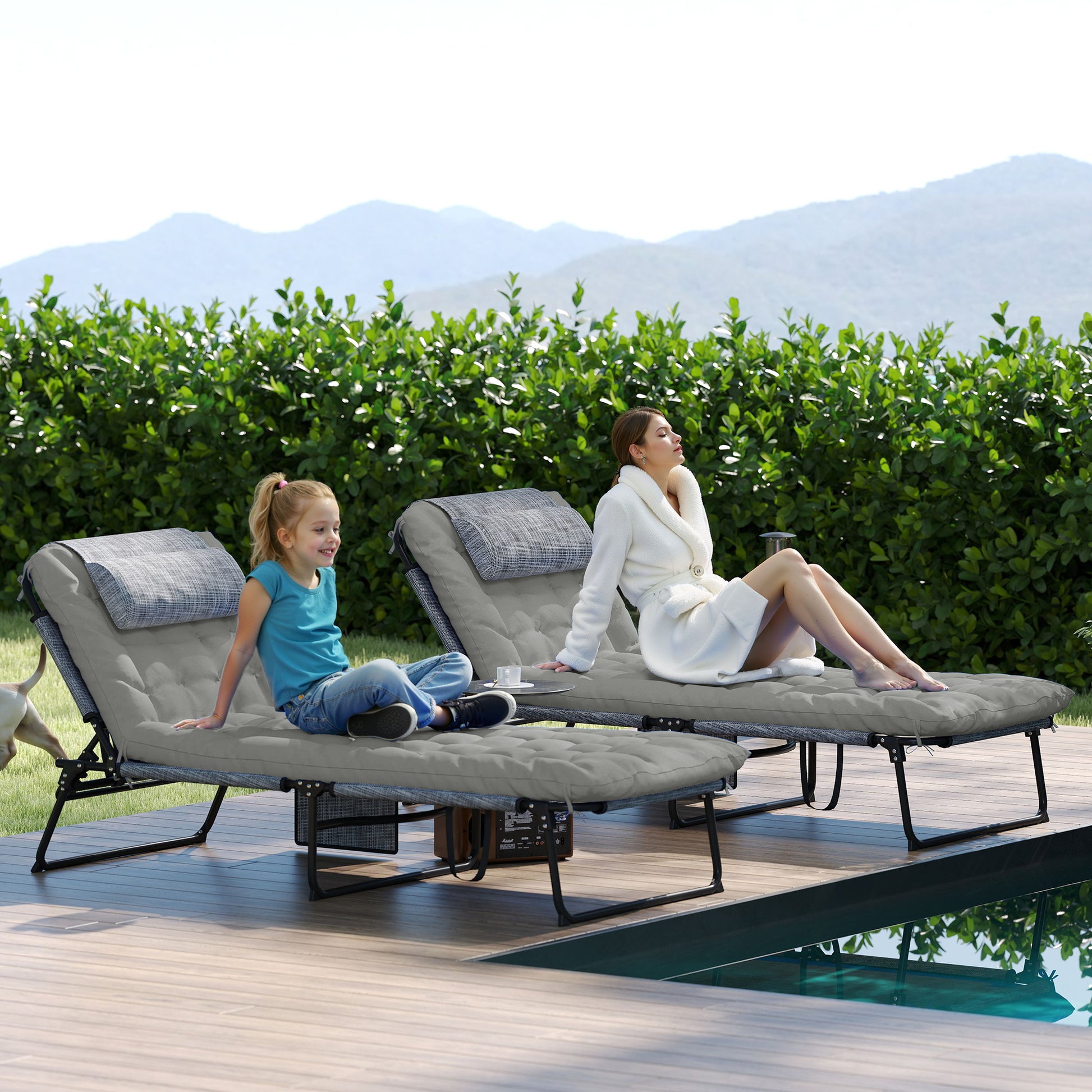 Aosom 2-Piece Folding Lounge Chairs Grey Adjustable Backrest Recline Cushion Headrest-DECOROLALA