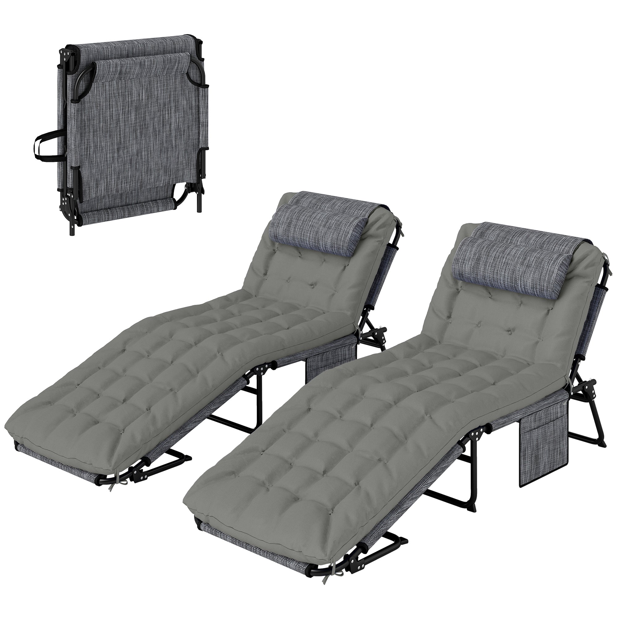 Aosom 2-Piece Folding Lounge Chairs Grey Adjustable Backrest Recline Cushion Headrest-DECOROLALA