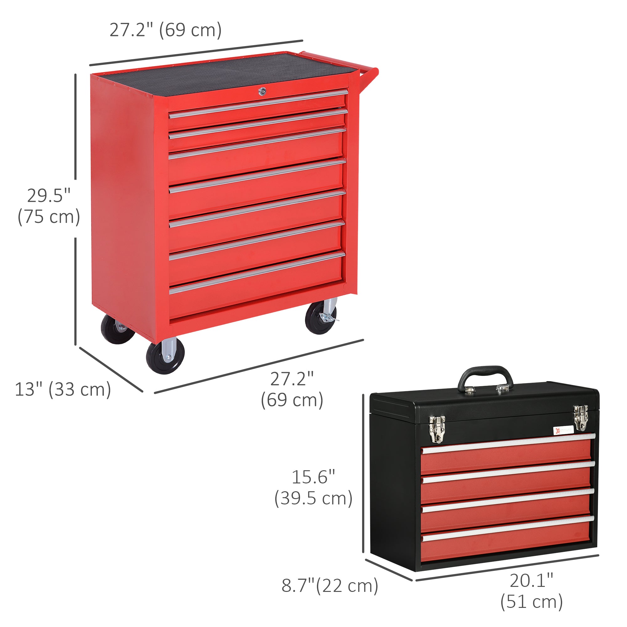 Aosom 2-Piece Rolling Tool Chest and Box Set - 11 Drawers Red-DECOROLALA