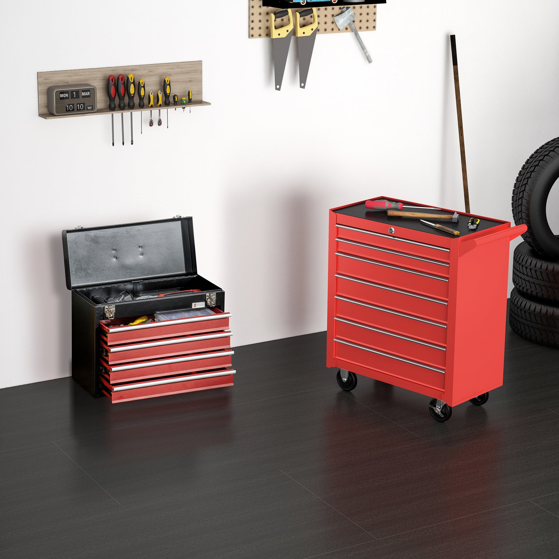 Aosom 2-Piece Rolling Tool Chest and Box Set - 11 Drawers Red-DECOROLALA