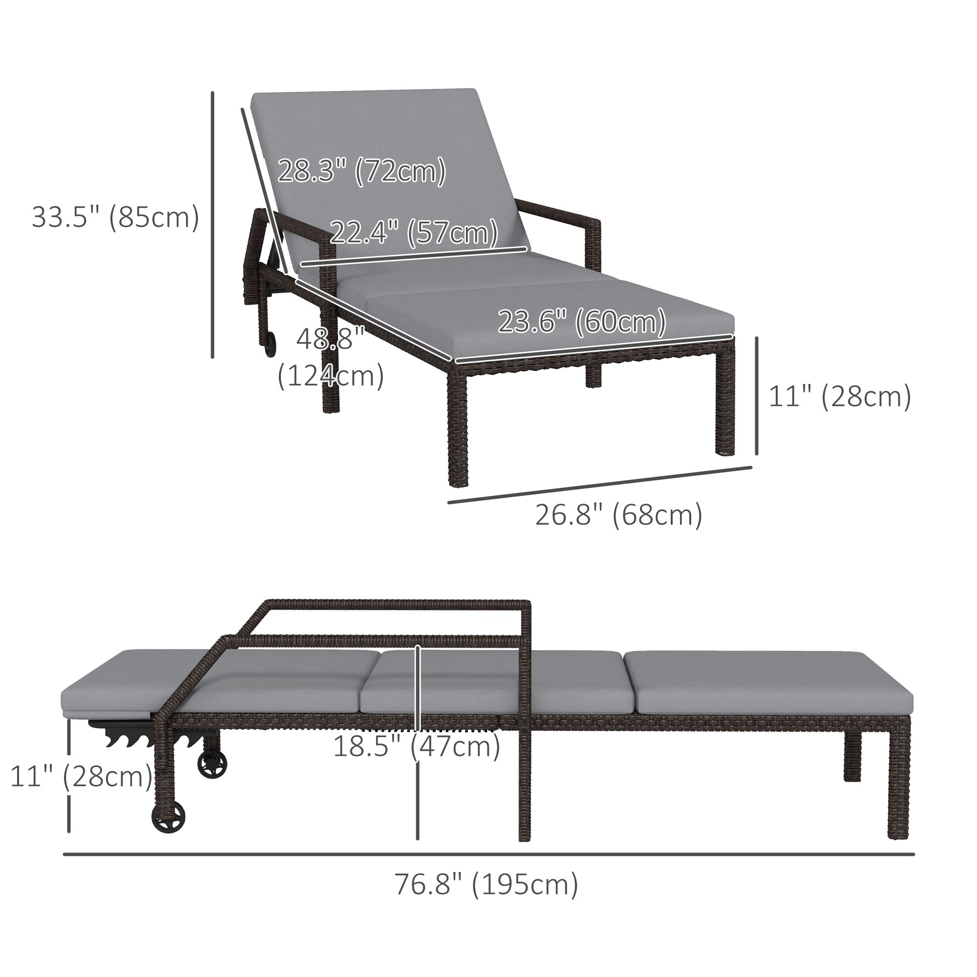Aosom 2-Piece Wicker Lounger Set Grey with Adjustable Backrest, 5 Levels-DECOROLALA