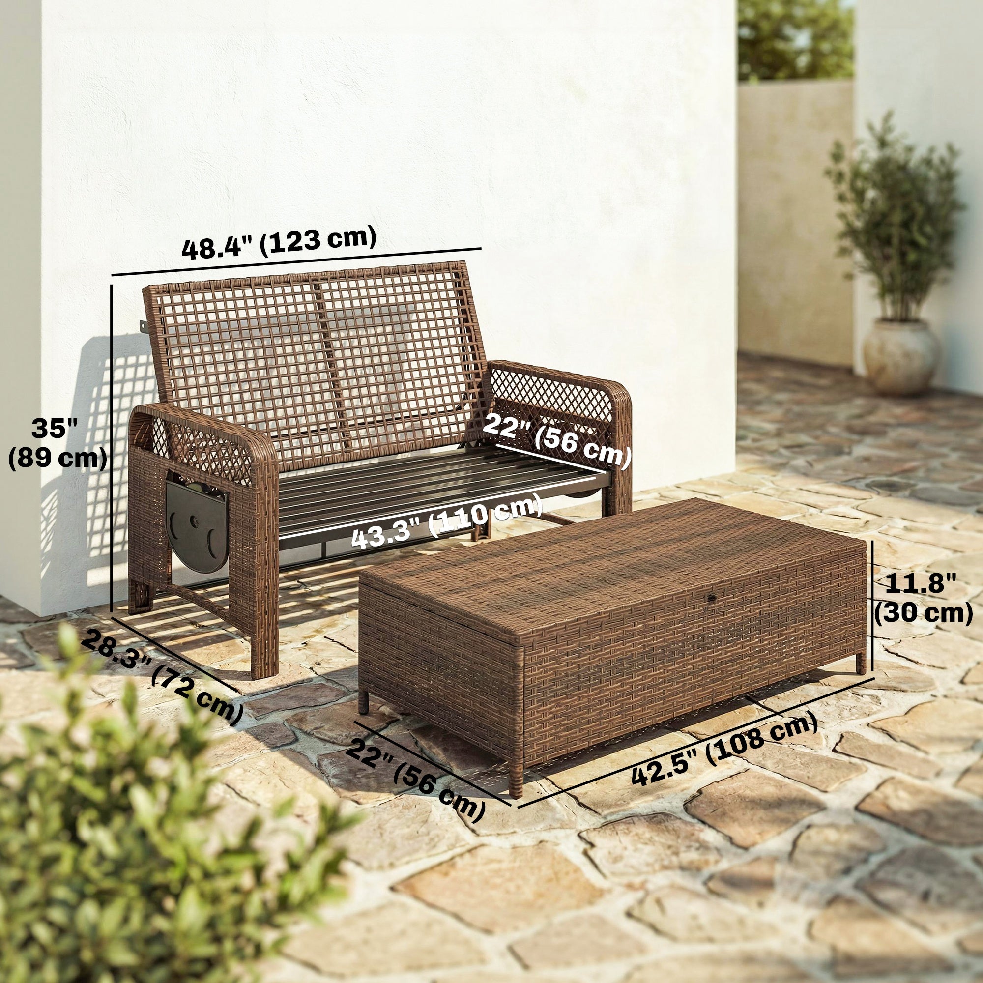 Aosom 2-Piece Wicker Patio Lounge Set with Side Trays-DECOROLALA