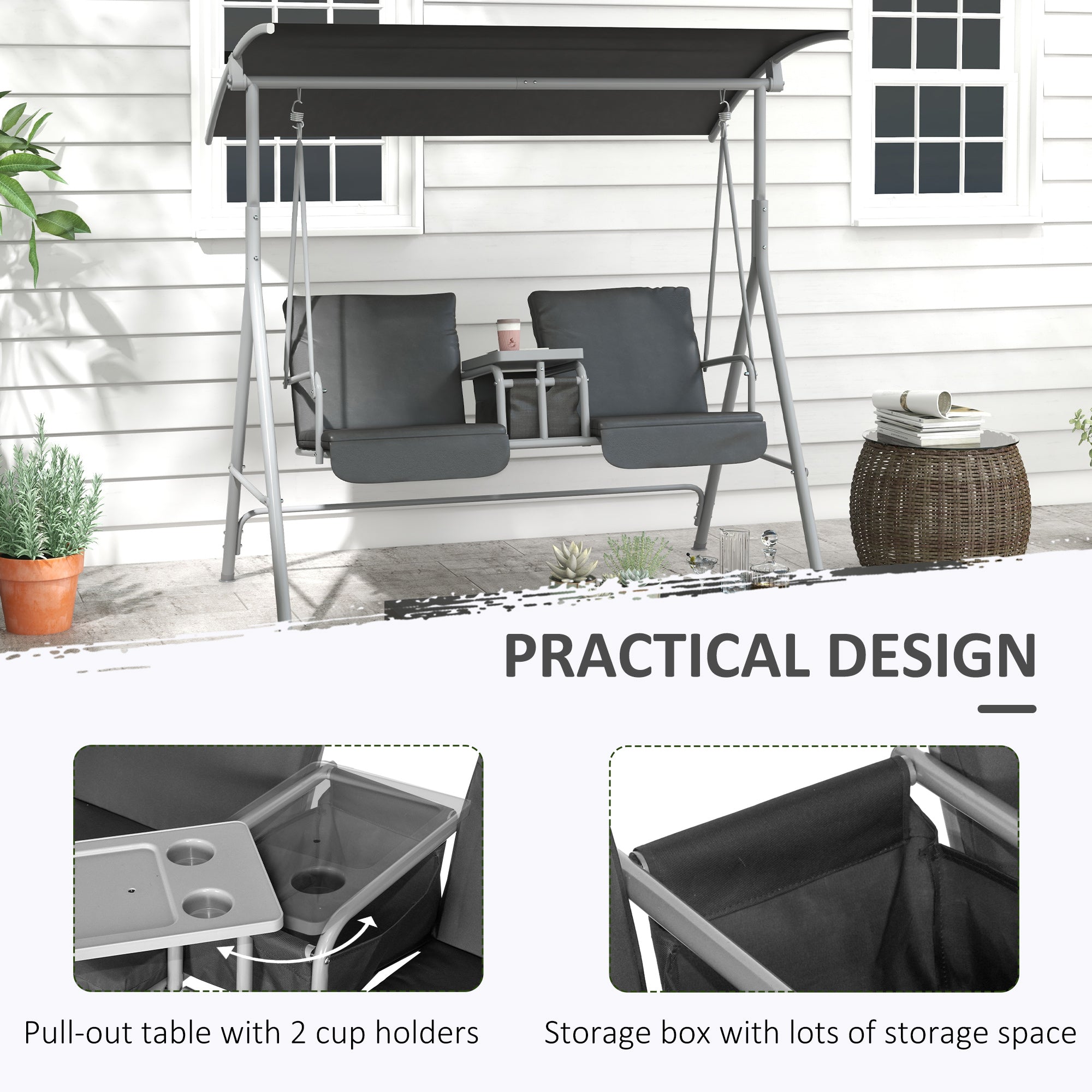 Aosom 2-Seater Porch Swing Canopy Grey-DECOROLALA