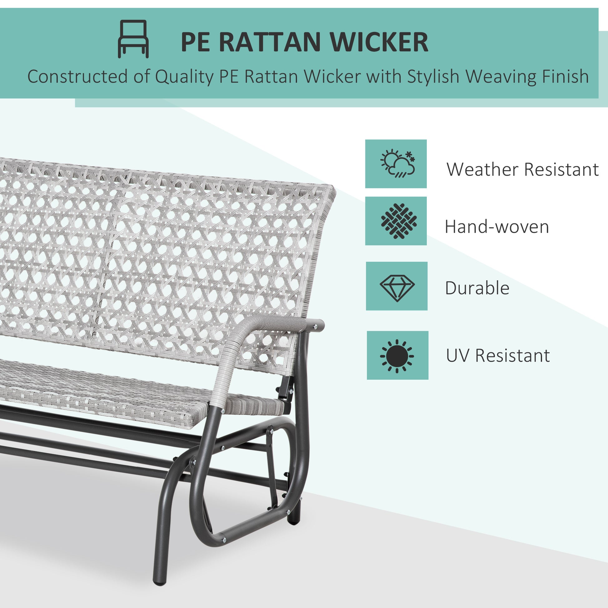Aosom 2-Seater Wicker Glider Bench, Outdoor Patio Rocking Chair, Mixed Grey, Extra Wide Seat-DECOROLALA