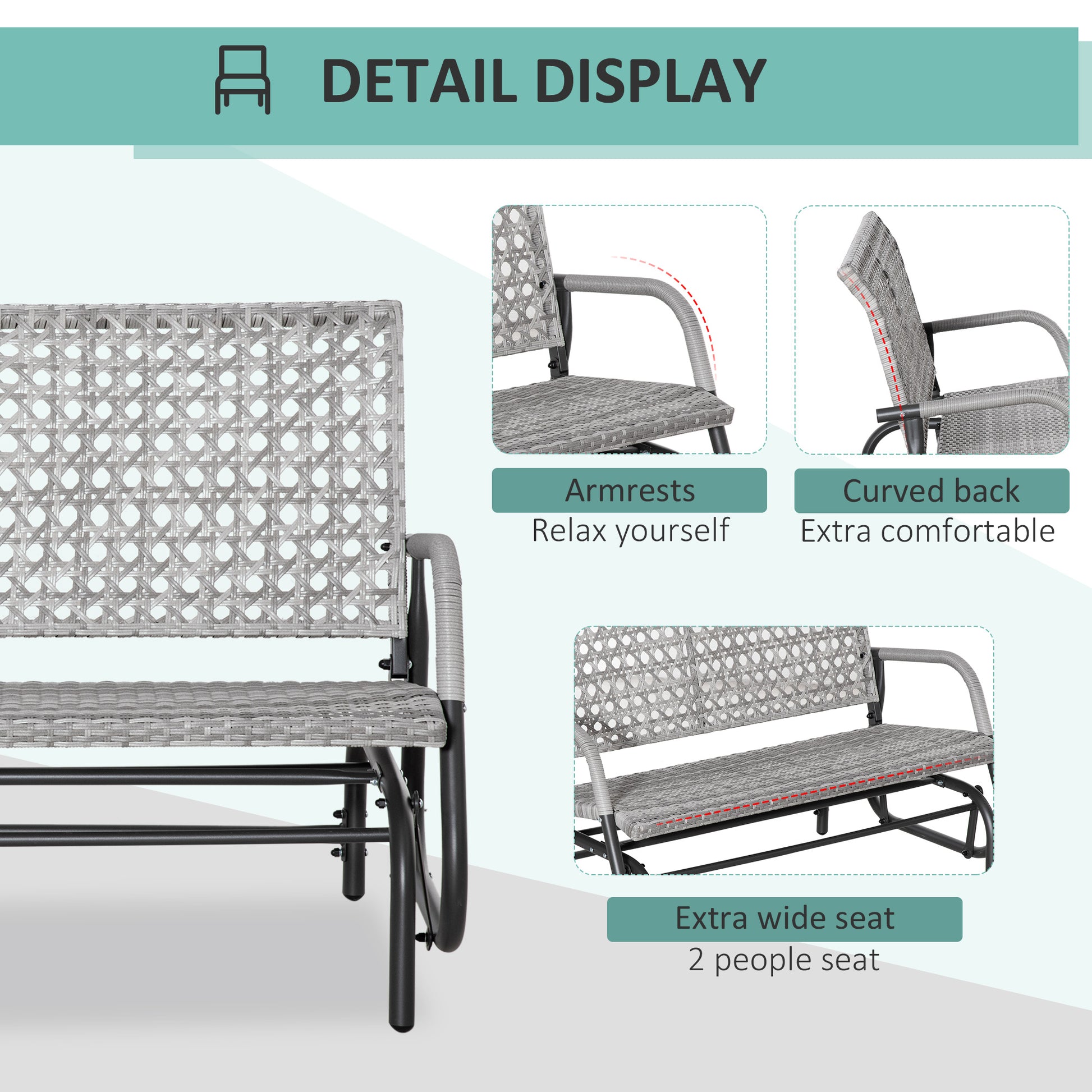 Aosom 2-Seater Wicker Glider Bench, Outdoor Patio Rocking Chair, Mixed Grey, Extra Wide Seat-DECOROLALA