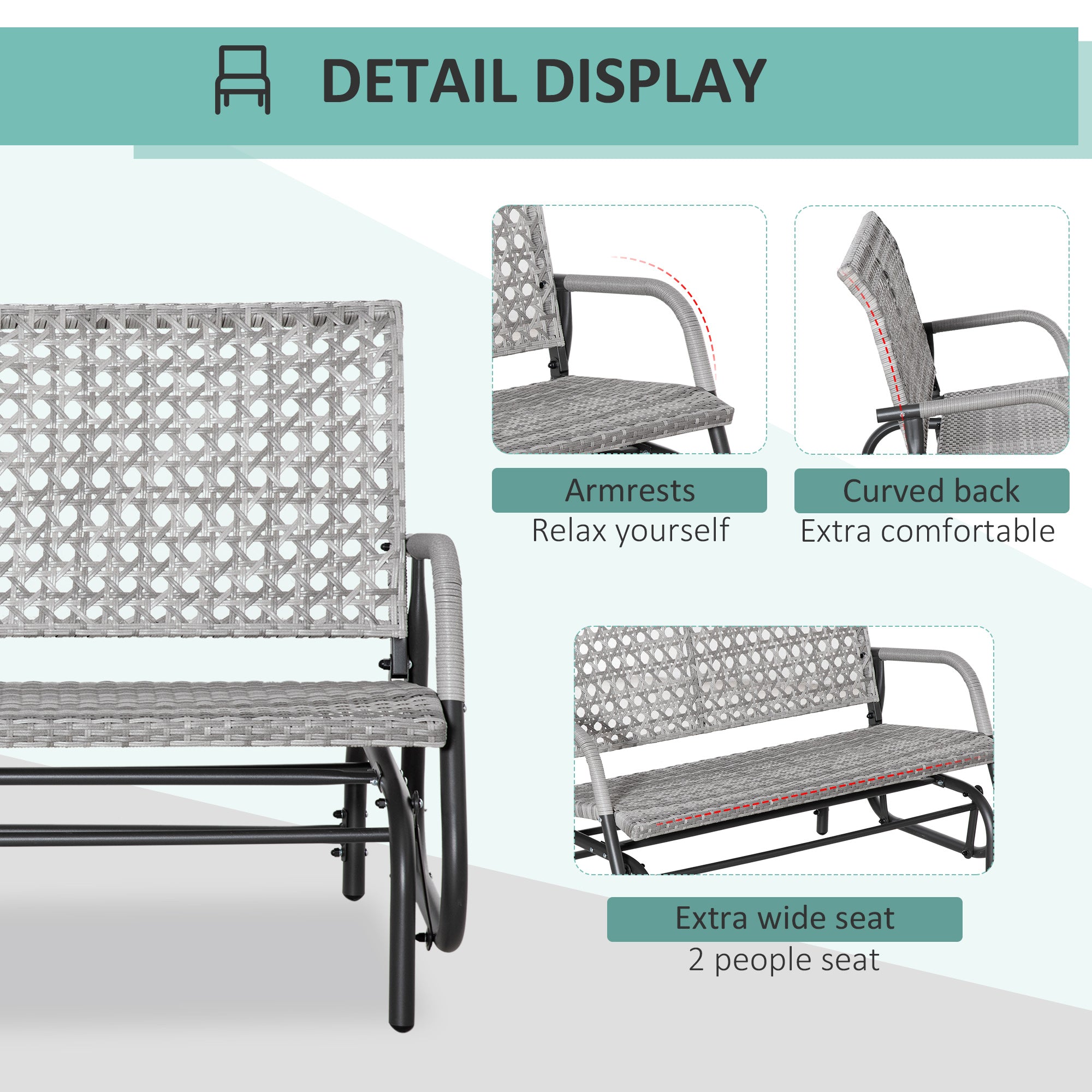 Aosom 2-Seater Wicker Glider Bench, Outdoor Patio Rocking Chair, Mixed Grey, Extra Wide Seat-DECOROLALA