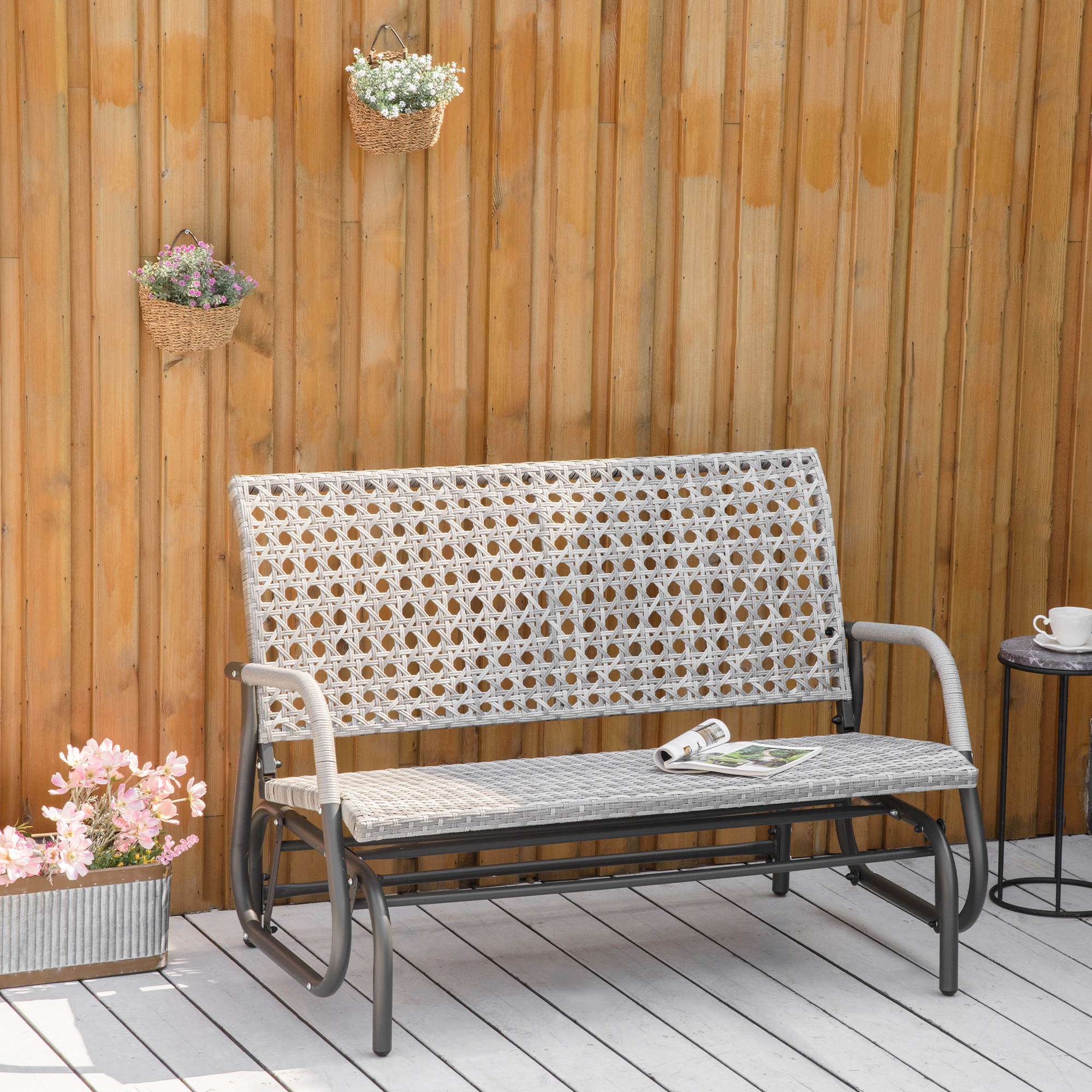Aosom 2-Seater Wicker Glider Bench, Outdoor Patio Rocking Chair, Mixed Grey, Extra Wide Seat-DECOROLALA