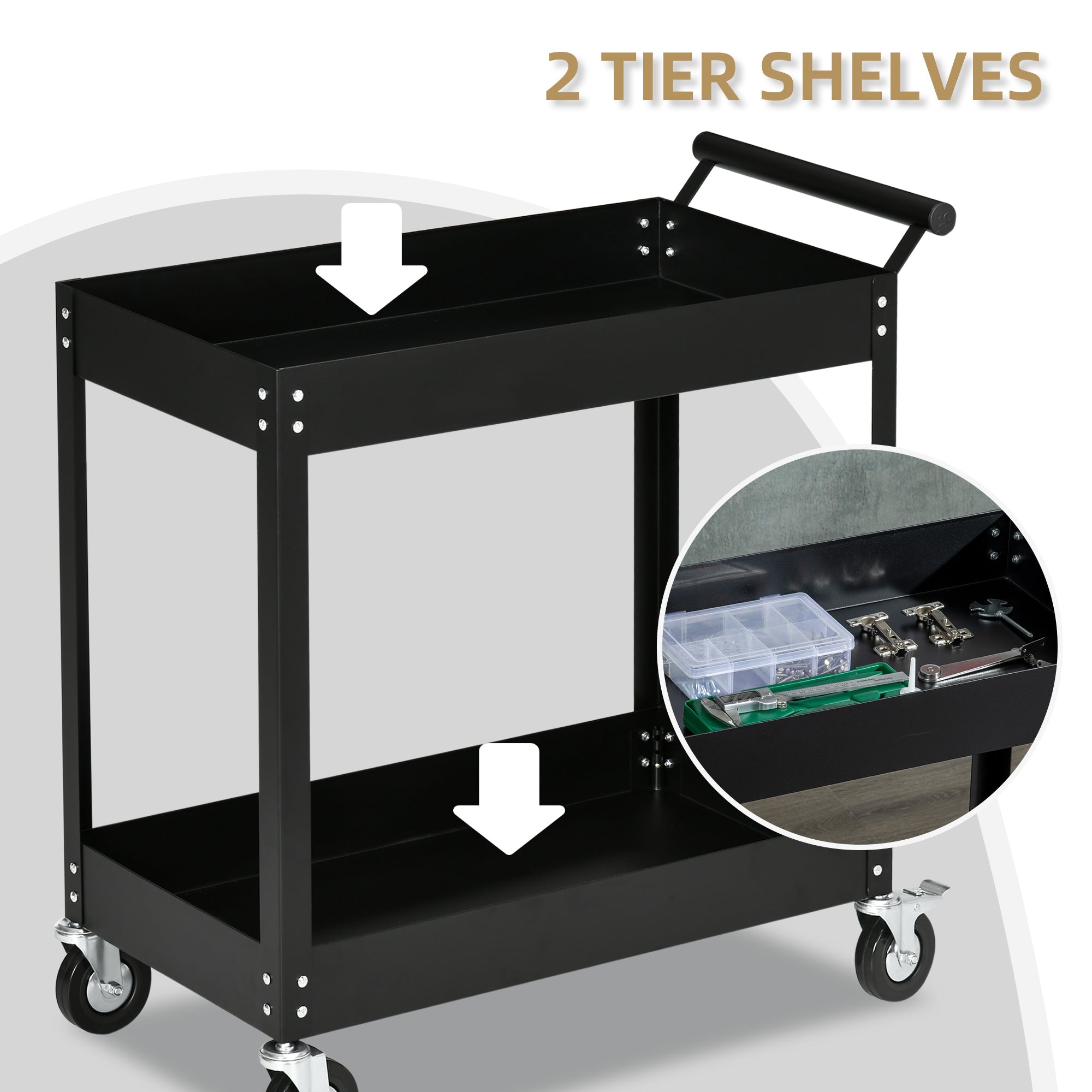Aosom 2-Tier Rolling Steel Tool Cart - Black 330lb Capacity-Home Improvement > Tools > Tool Organizers-DECOROLALA