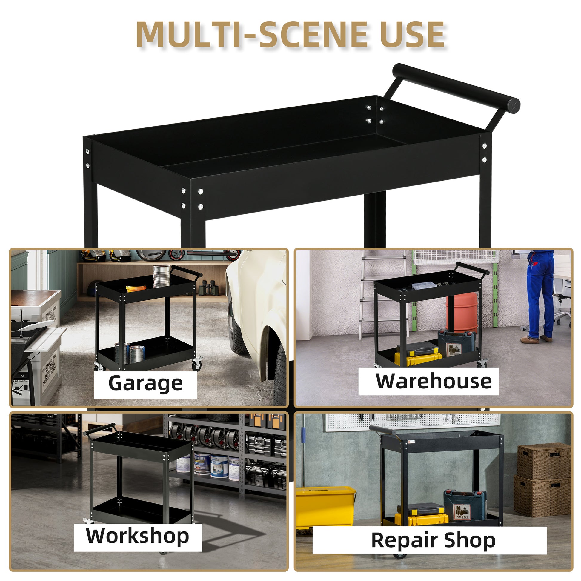 Aosom 2-Tier Rolling Steel Tool Cart - Black 330lb Capacity-Home Improvement > Tools > Tool Organizers-DECOROLALA