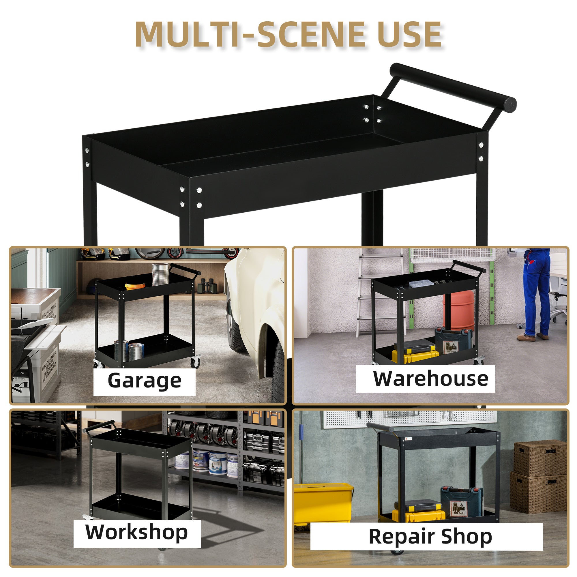 Aosom 2-Tier Rolling Steel Tool Cart - Black 330lb Capacity-Home Improvement > Tools > Tool Organizers-DECOROLALA