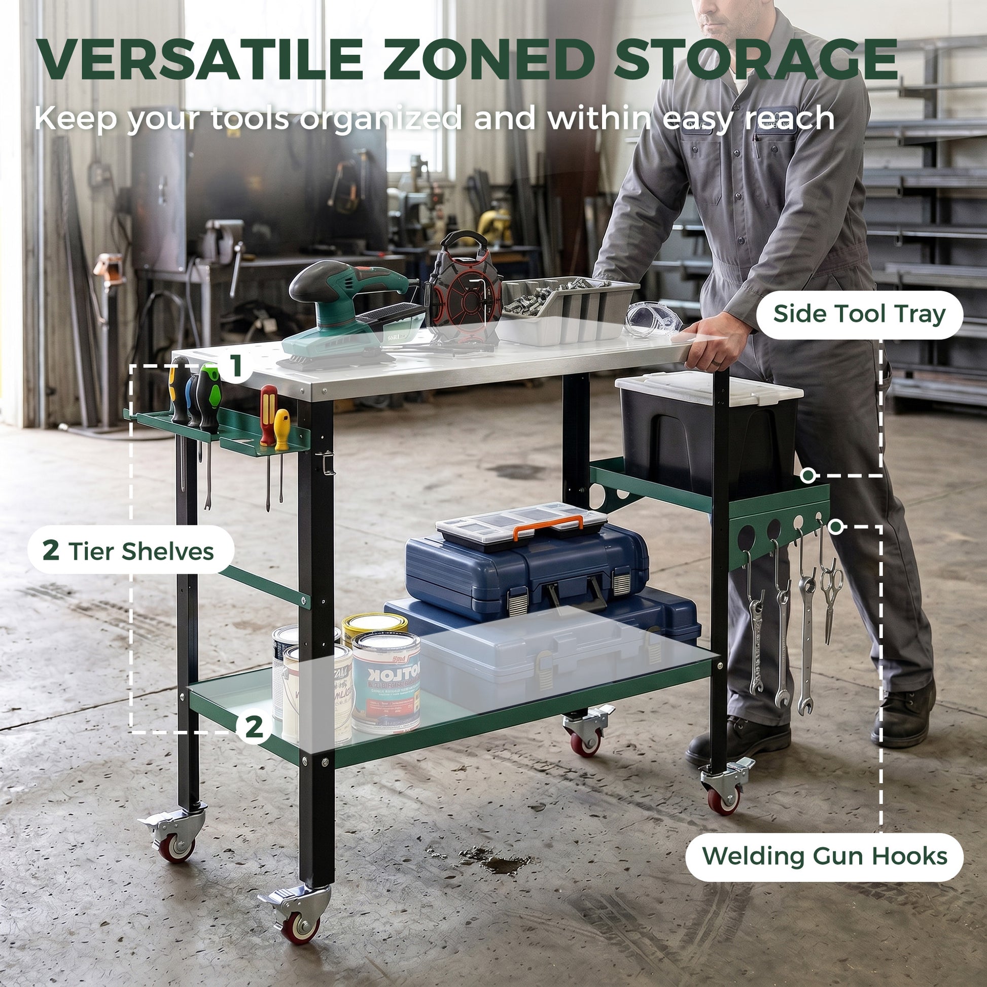 Aosom 2-Tier Rolling Welding Table - 660 lbs. Capacity Steel Workbench-Home Improvement > Tools > Tool Organizers-DECOROLALA
