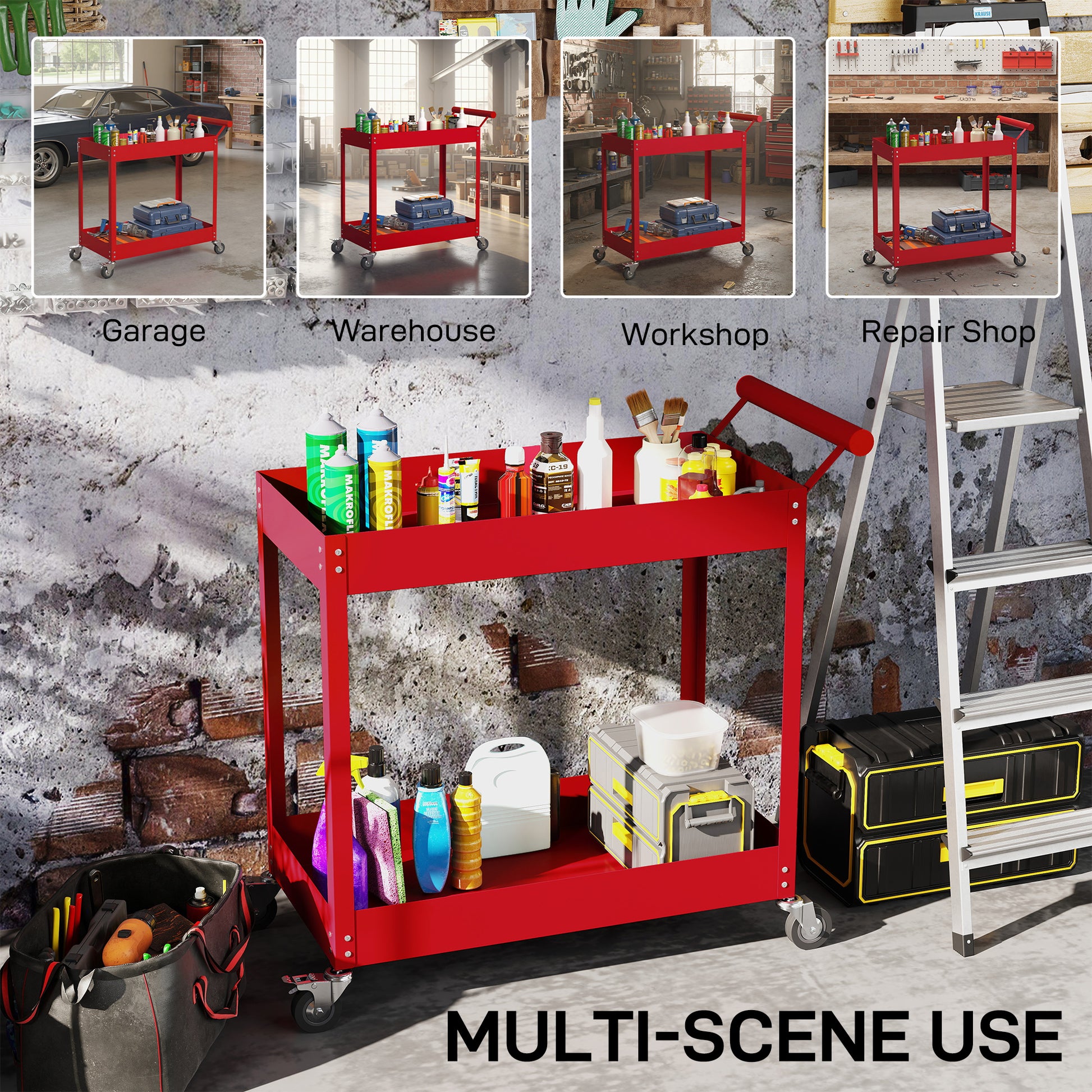 Aosom 2-Tier Steel Rolling Tool Cart - Red 330lbs Capacity-Home Improvement > Tools > Tool Organizers-DECOROLALA