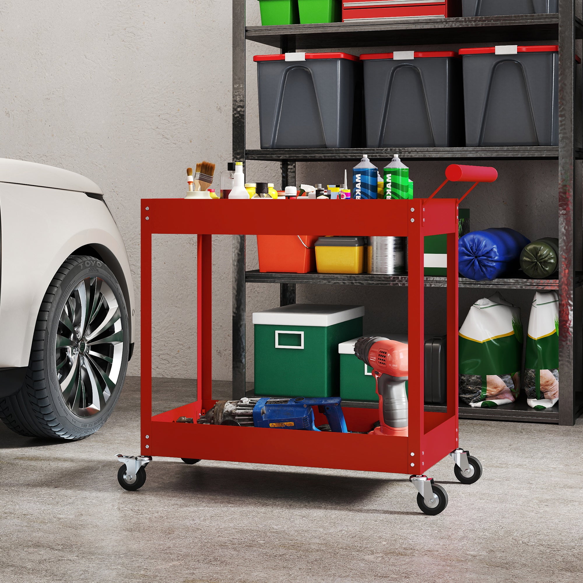 Aosom 2-Tier Steel Rolling Tool Cart - Red 330lbs Capacity-Home Improvement > Tools > Tool Organizers-DECOROLALA