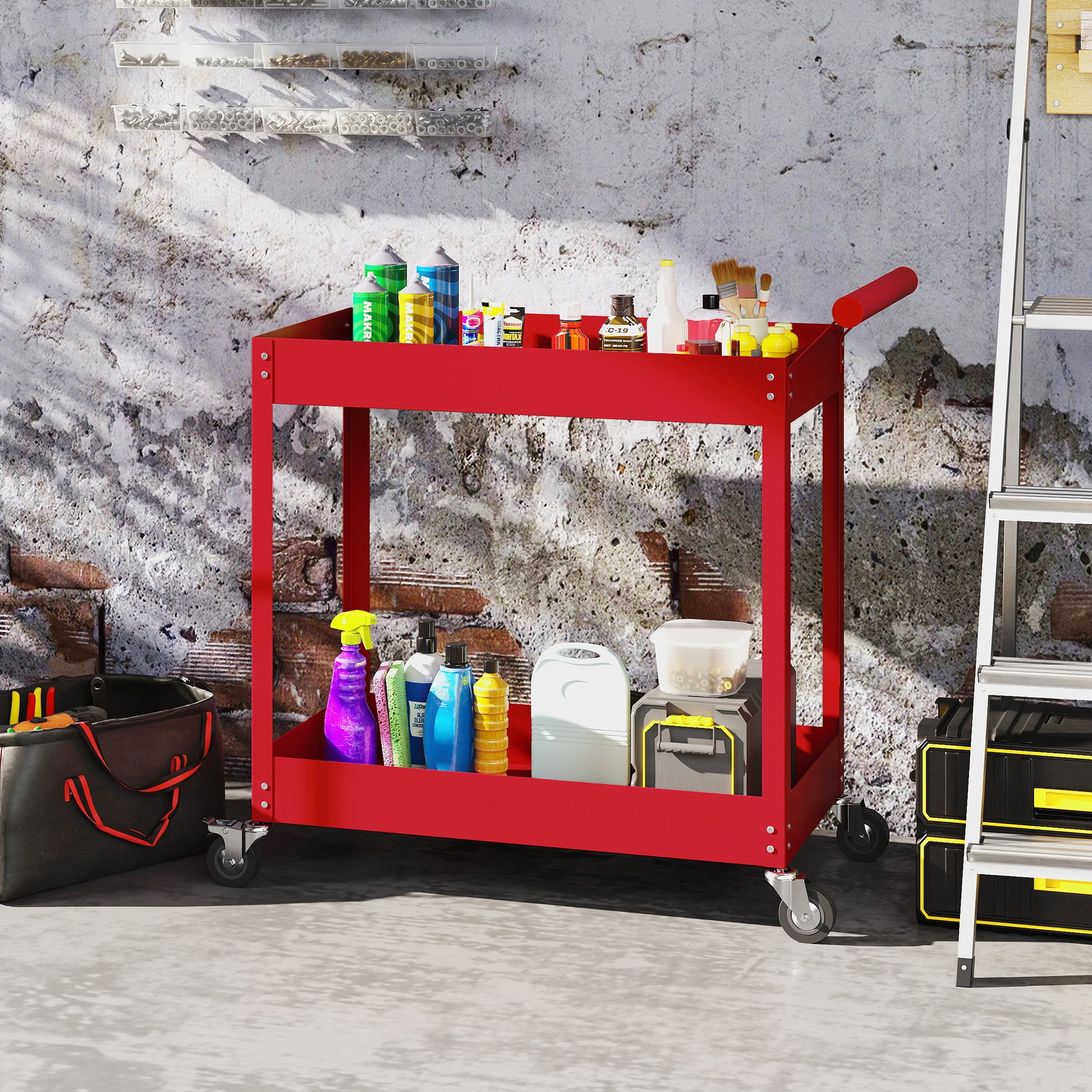 Aosom 2-Tier Steel Rolling Tool Cart - Red 330lbs Capacity-Home Improvement > Tools > Tool Organizers-DECOROLALA