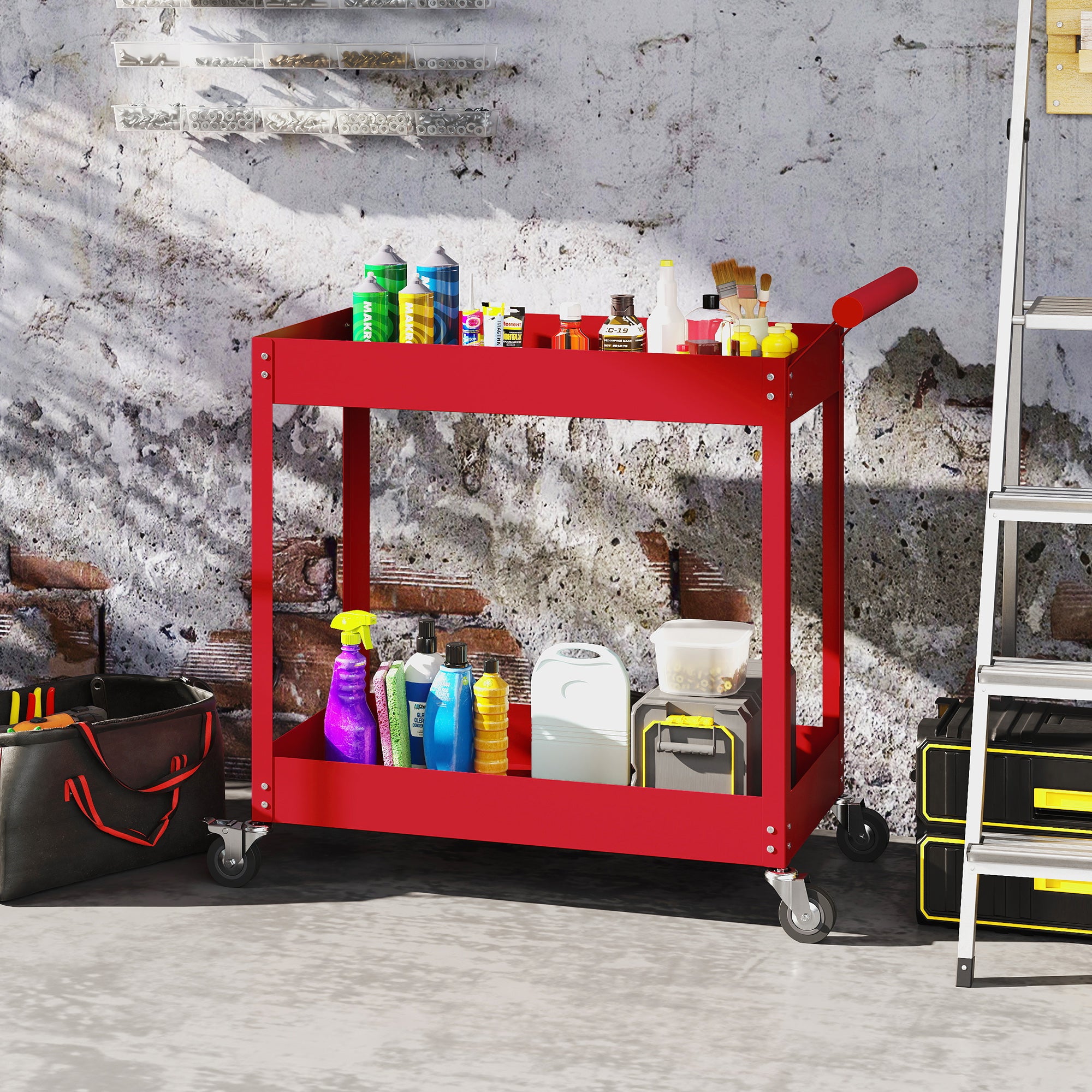 Aosom 2-Tier Steel Rolling Tool Cart - Red 330lbs Capacity-Home Improvement > Tools > Tool Organizers-DECOROLALA