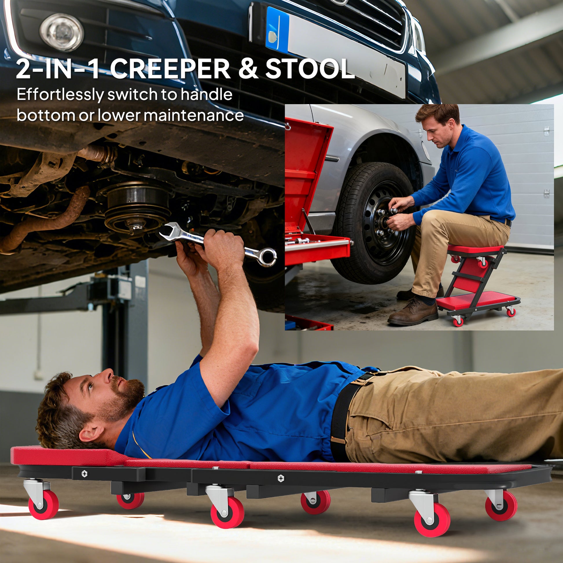 Aosom 2-in-1 Mechanic Creeper Seat - 330 lbs Rolling Stool Red-Home Improvement > Tools > Automotive-DECOROLALA