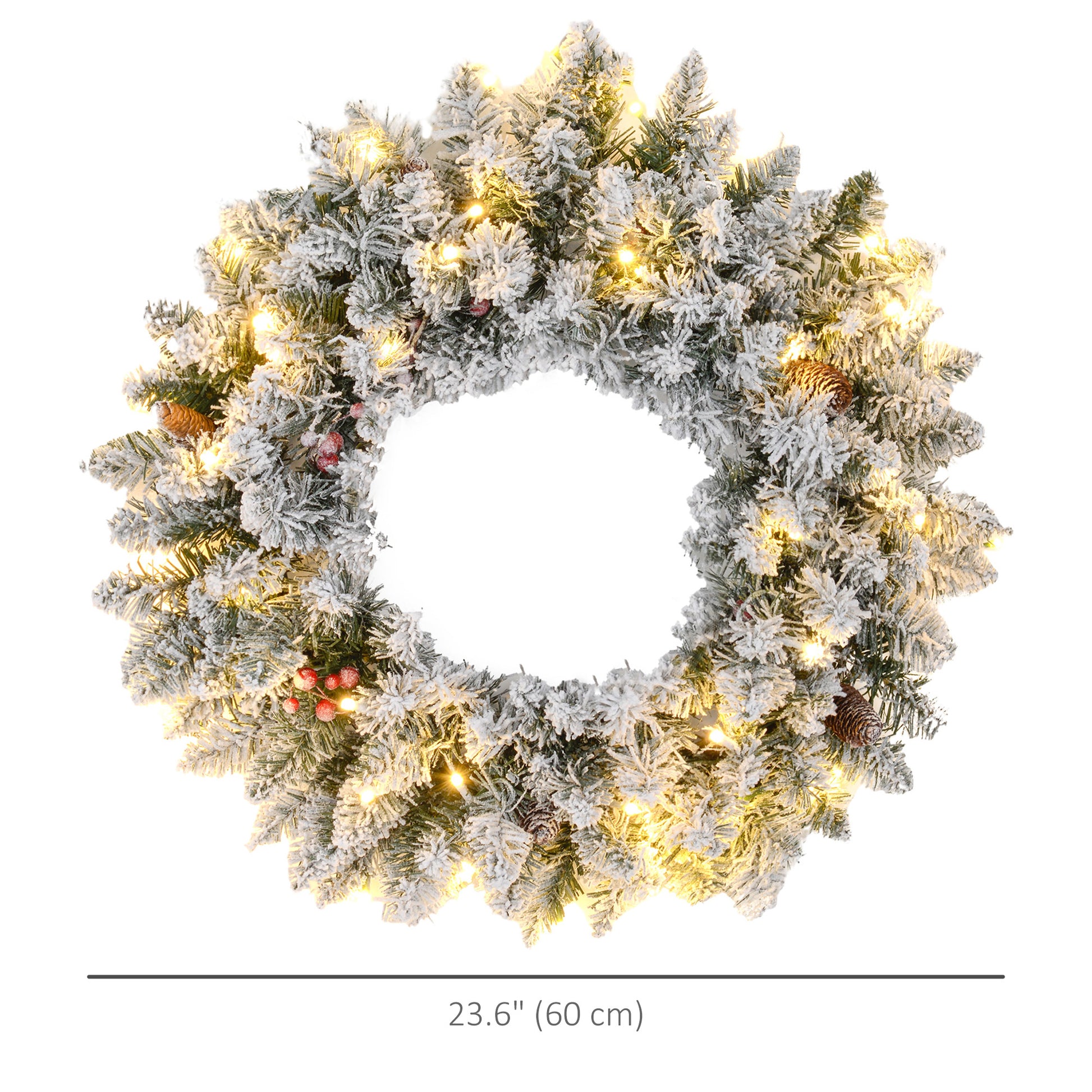 Aosom 24" Flocked Christmas Wreath with 50 LED Lights - Green-Home Furnishings > Holiday & Seasonal > Christmas Decorations > Christmas Wreaths-DECOROLALA
